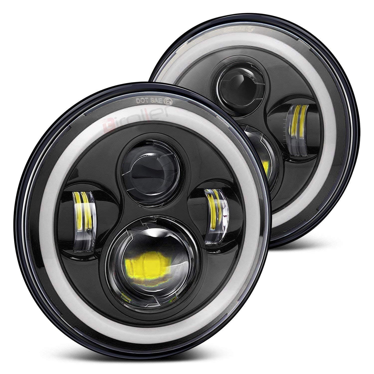 BR7IH2P 7 Inch Round LED Headlight with Full Ring Hi/Lo Beam Halo Angel Eyes for Jeep Harley Davidson Cruiser (40W)