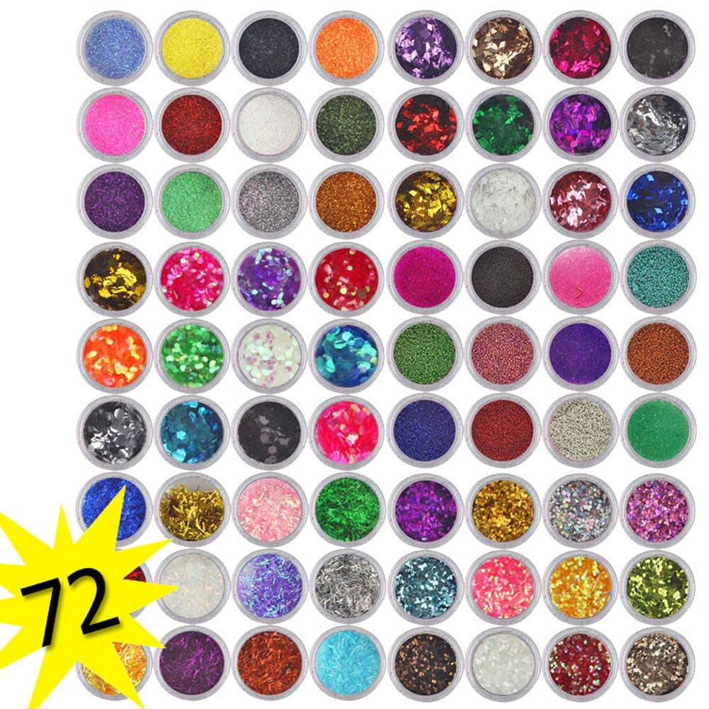 DDIGEjin Nail Powder,72 Colors Acrylic Nail Art Tips Design Powder Dust, Glitter Nail SequinsColorful Mixed Festival Glitter Cosmetic Face Hair Body Glitter 3D Nail Art