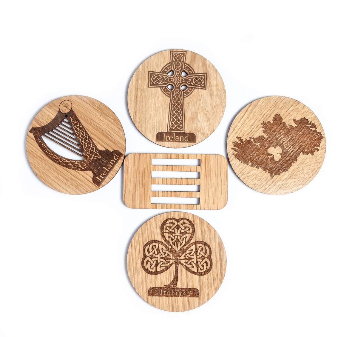 Biddy Murphy Irish Coasters for Drinks Set of Four Coasters Set Made of Irish Oak Shamrock Harp Celtic Cross Ireland Coasters Made in Ireland