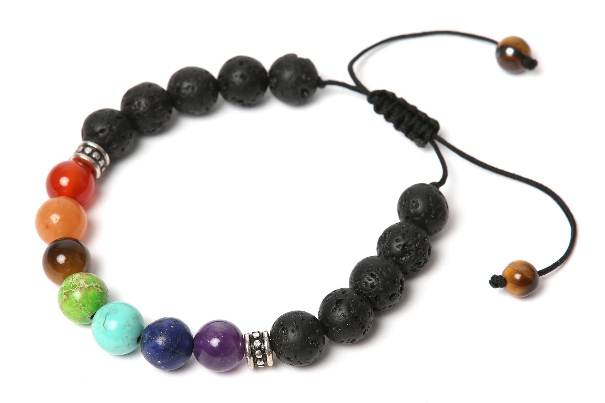 Chakra Bracelet with 7 Real Energy Stones and Lava Rock | Adjustable and an Oil Diffuser | for Man and Woman, with Gift Box and Description – Perfect as Gift