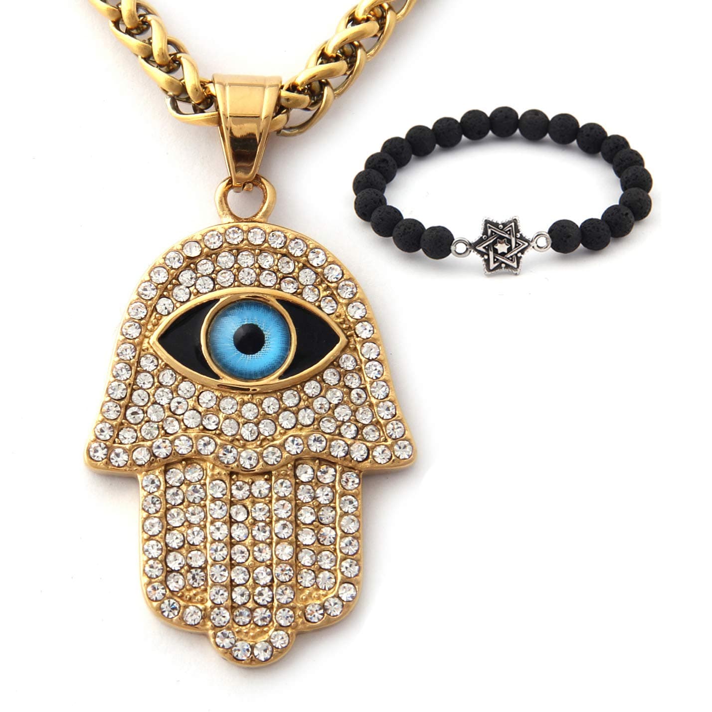 GUNGNEER Evil Eye Hams Hand Pendant CZ Stone Necklace Stainless Steel Talisman Strength Worship Accessory For Men Women