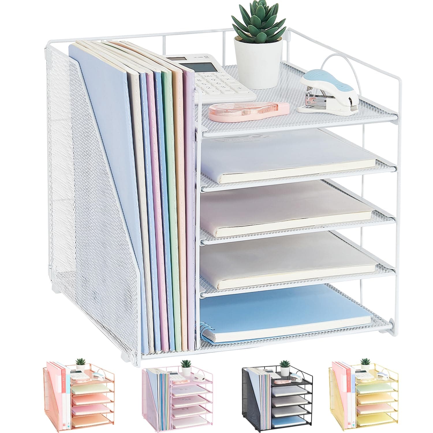 5-Tier Paper Letter Tray Organizer with File Holder, Art Deco Desk Organizer, White