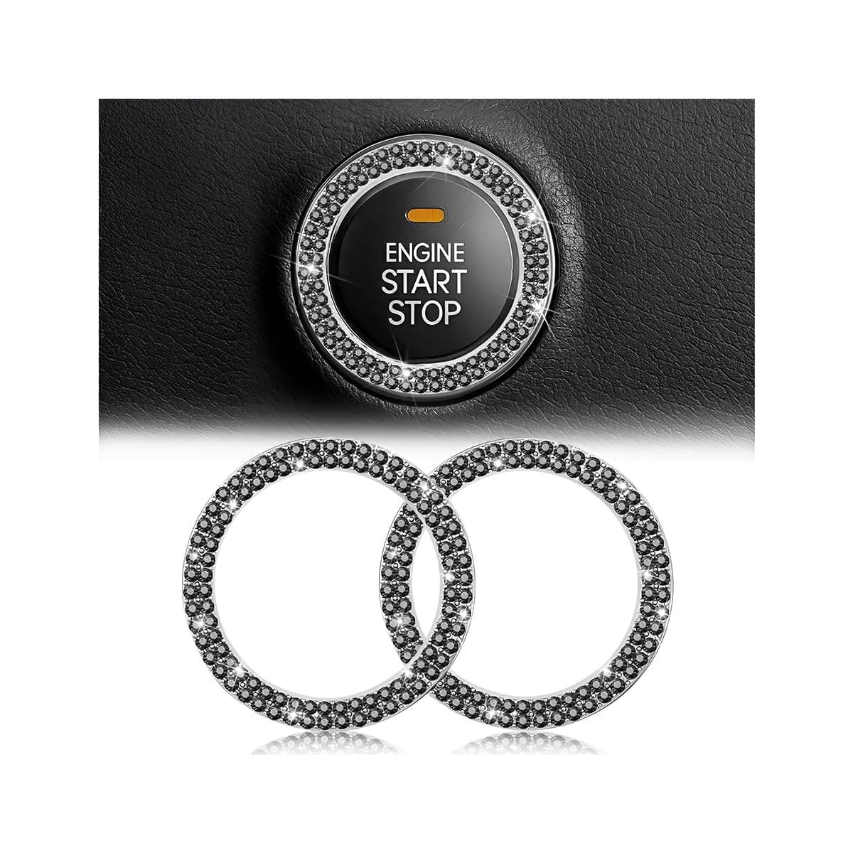 Car Bling Crystal Rhinestone Engine Start Ring Decals, 2 Pack Car Push Start Button Cover/Sticker, Key Ignition Knob Bling Ring, Sparkling Car Interior Accessories for Women (Double Black)
