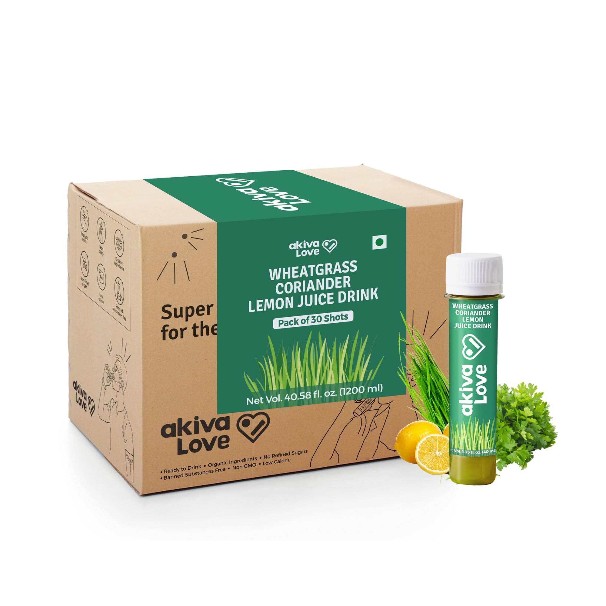 Akiva Love Wheatgrass Lemon Coriander Blood Purification Shots | Feel Fresh with Green Cleanse | Blood Purification & Full Body Detox | Pack of 30 | Natural, Ayurvedic, Ready To Drink | 2oz |