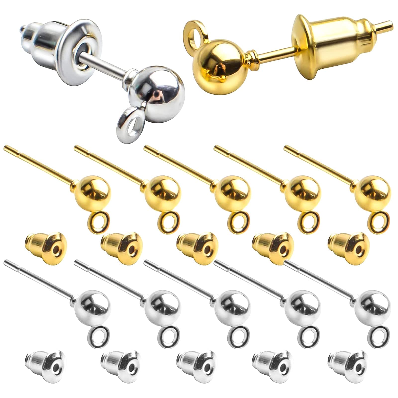 Earring Posts and Backs,100pcs Stud Earrings Posts Components Ball Earring Studs with Loop and 100pcs Bullet Earring Backs for DIY Jewelry Crafts,2 Colors