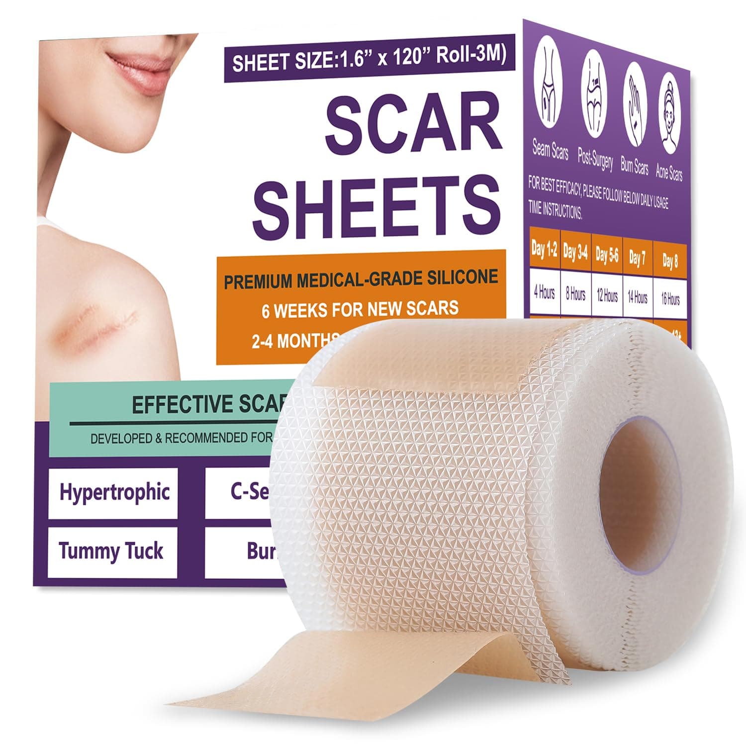 Silicone Scar Sheets,Silicone Scar Tape,Scar Tape For Surgical Scars,Silicone Scar Removal Strips For Surgical,C-Section,Tummy Tuck,Keloid Scars(1.6"X 120" Roll-3M) Keloid Bump Removal
