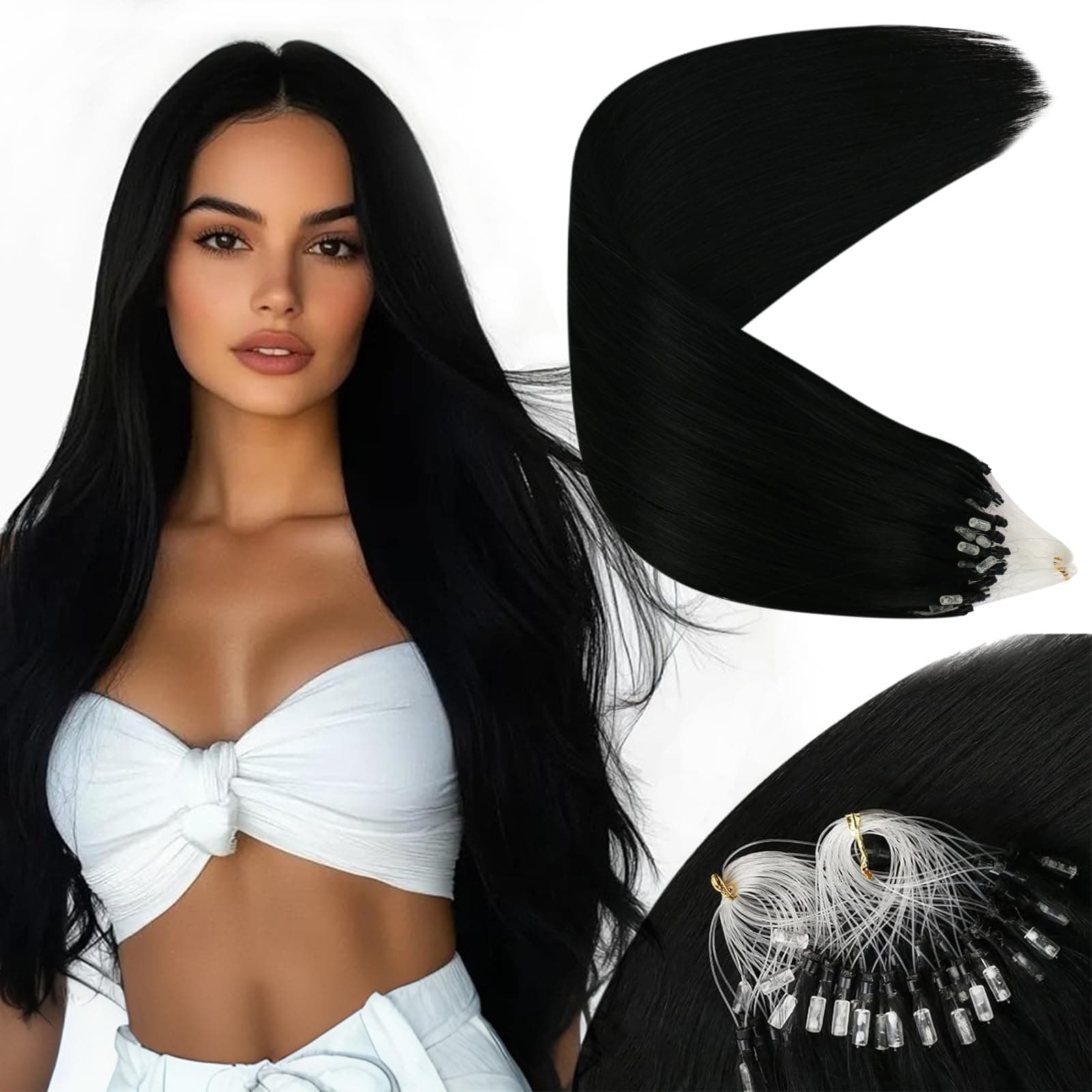 Sunny Hair Micro Link Hair Extensions Human Hair Jet Black 55g Micro Hair Extensions Human Hair Black Micro Bead Hair Extensions Real Human Hair Remy Hair for Women 14inch