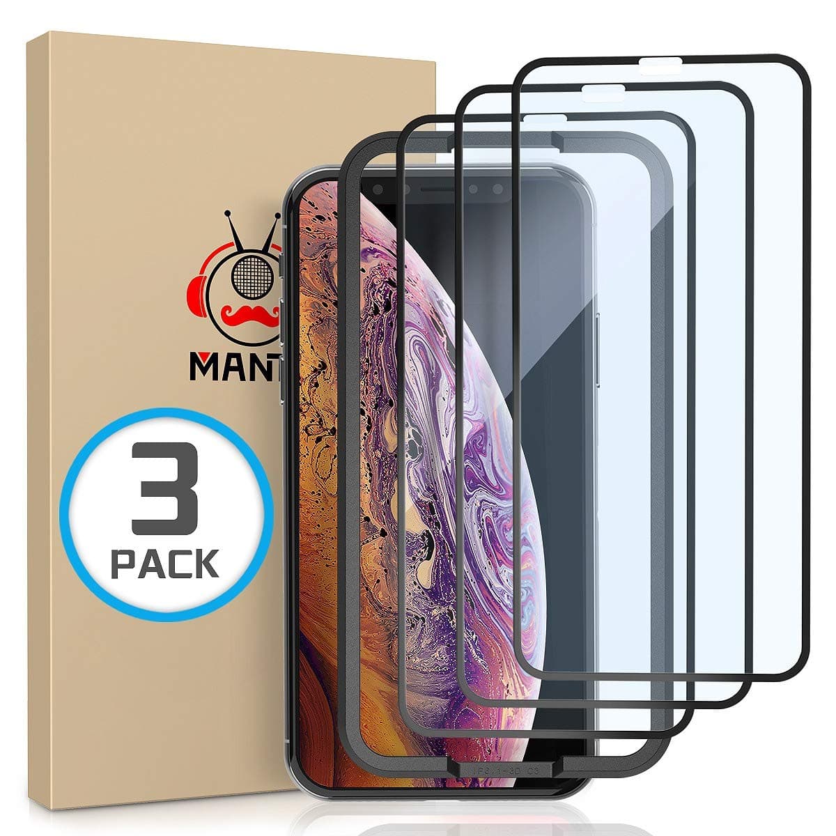 MANTOScreen Protector for iPhone 11 Pro Max, iPhone Xs Max 6.5 Inch, Full Coverage Tempered Glass Protector Film, 3D Touch, Anti Fingerprint, 3 Pack