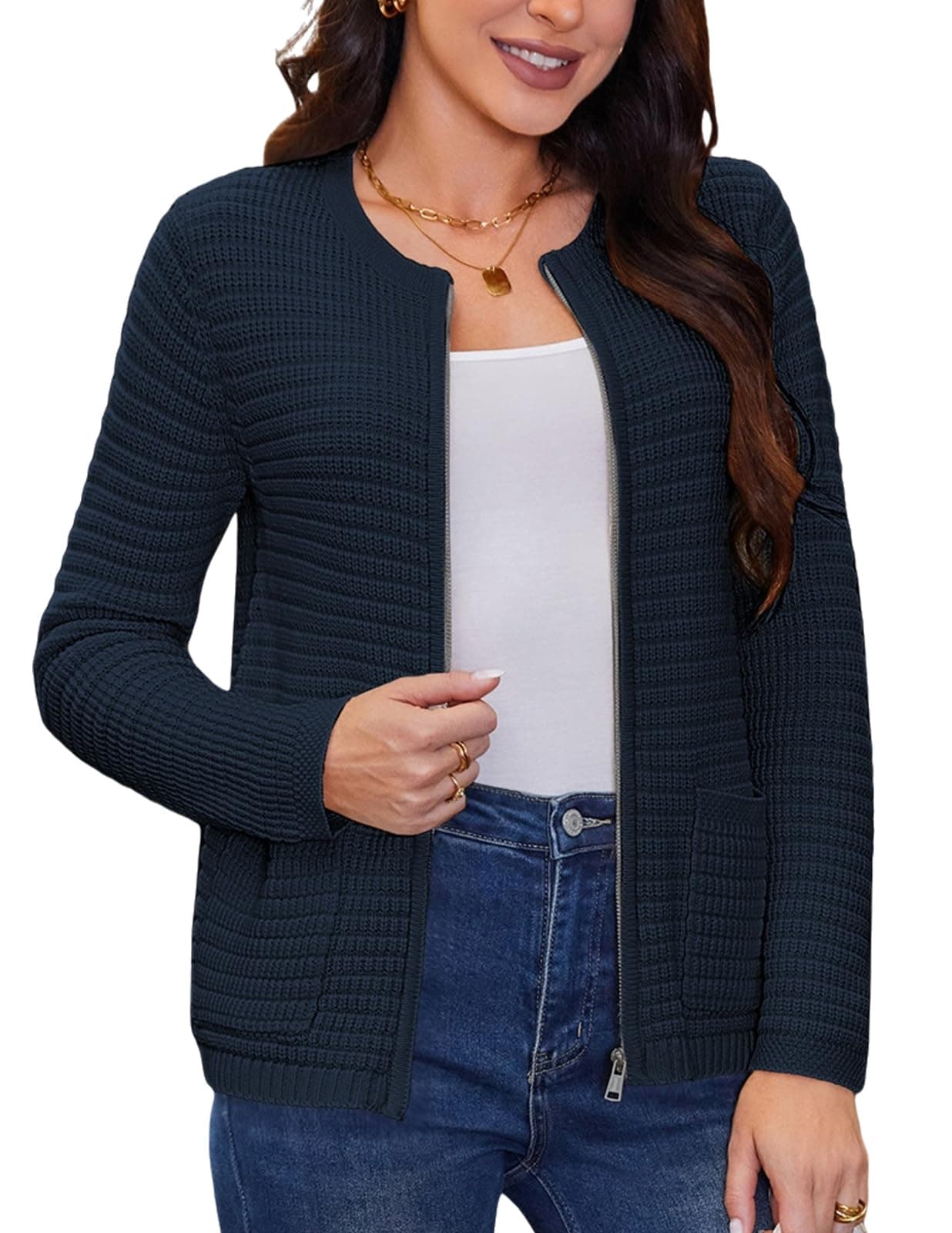 GRACE KARINWomen's 2024 Zip Up Cardigan Sweaters Long Sleeve Cardigan Sweatshirt Lady Tweed Jacket with Pockets