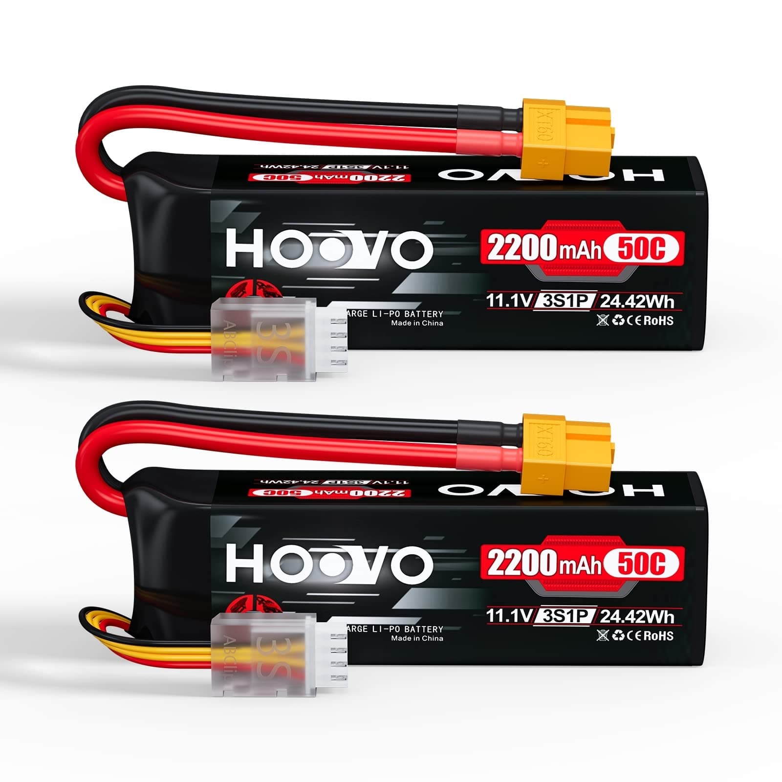 HOOVO 3S 11.1V 2200mAh 50C Lipo Battery with XT60 Connector for RC Helicopter Airplane Quadcopter UAV Drone FPV (2 Pack)