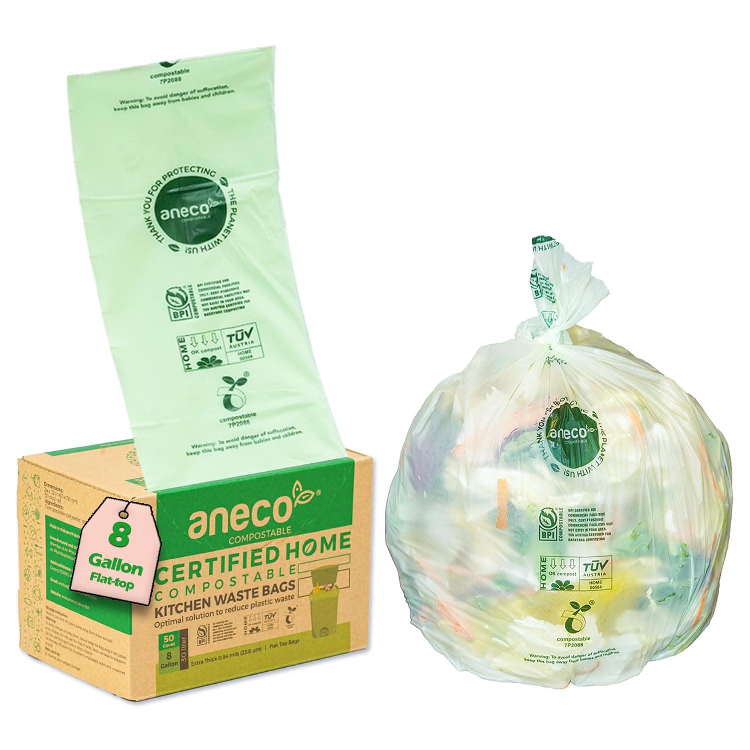 ANECO Compostable Kitchen Trash Bags 8 Gallon (Flat-Top Bags, 30 Count), Strong & Leak-proof Compost Bags for Tall Kitchen Bin, Large 8 Gallon Food Waste Bags Certified by BPI & OK Compost HOME