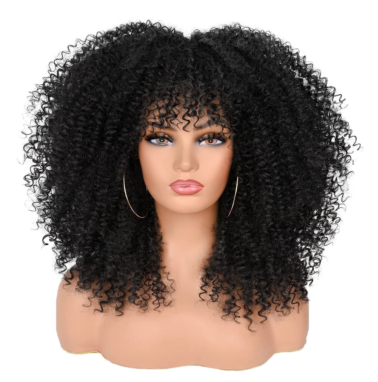 Curly Wigs for Black Women Afro Bomb Curly Wig with Bangs Synthetic Fiber Glueless Long Kinky Curly Hair Black 16inch