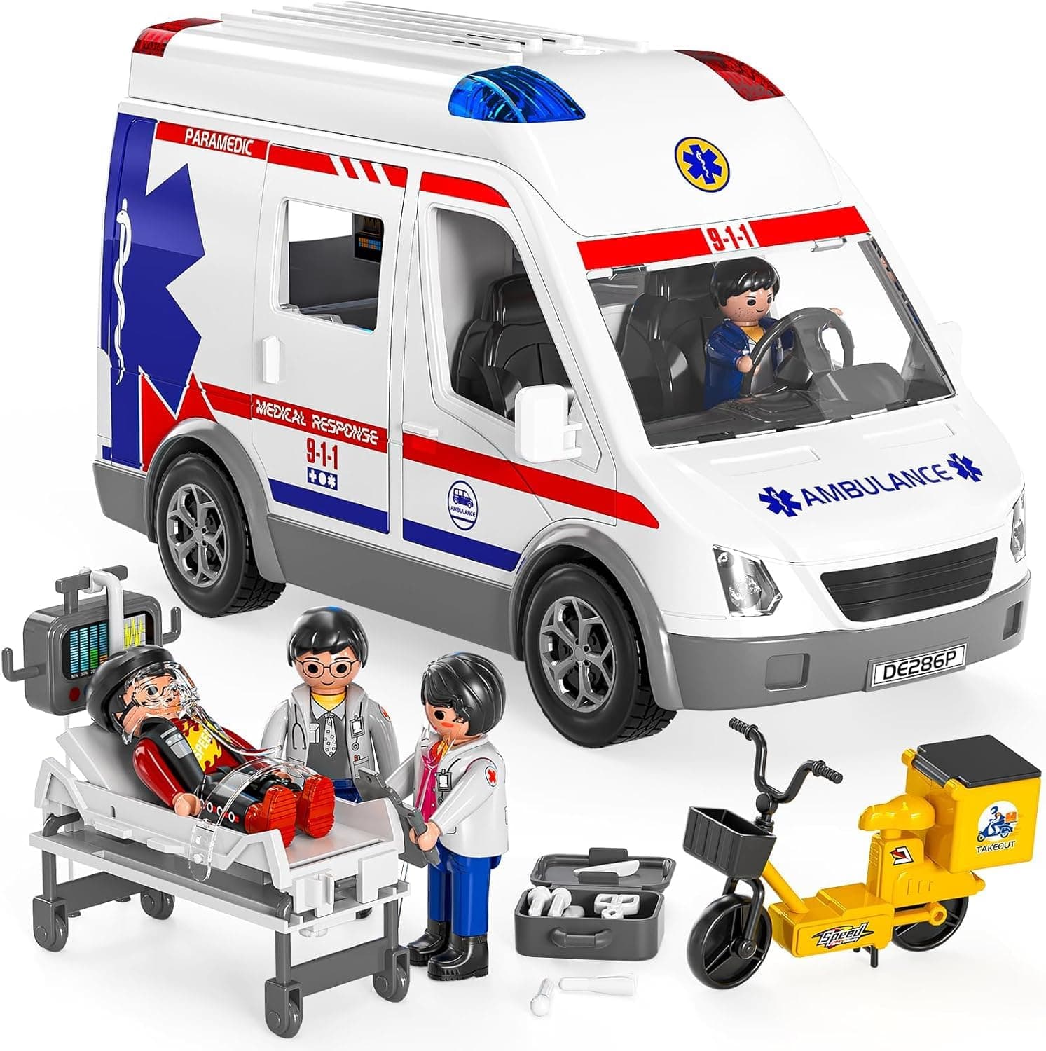 Push & Go Ambulance Toy Playset | Emergency Vehicle with Realistic Lights & Sounds, 4 Buildable Figures, Stickers, and Accessories for Ages 3+