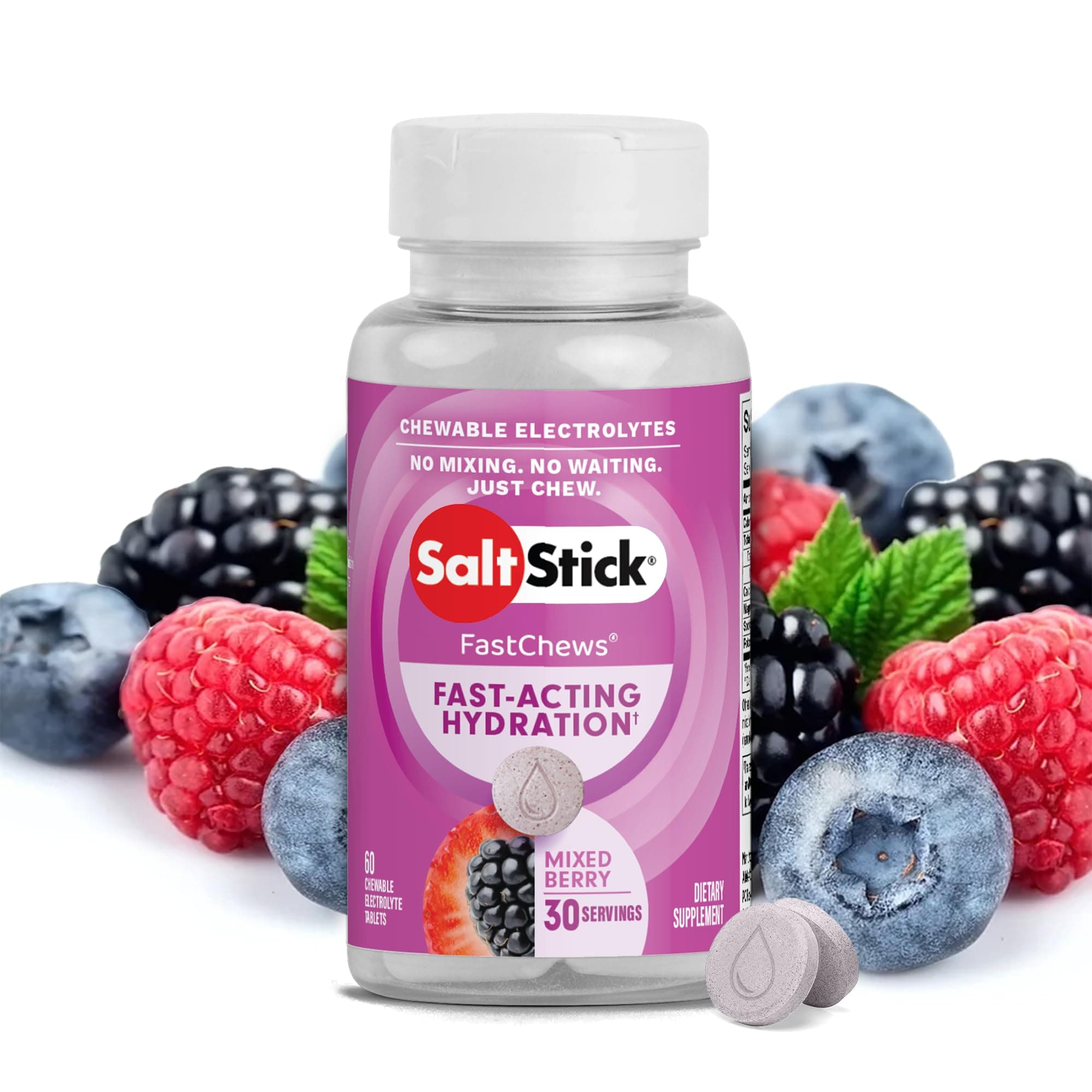 SaltStick FastChews Electrolytes - 60 Chewable Electrolyte Tablets - Salt Tablets for Running, Fast Hydration, Leg Cramps Relief, Sports Recovery - Non-GMO, Vegan, Gluten Free (Mixed Berry)