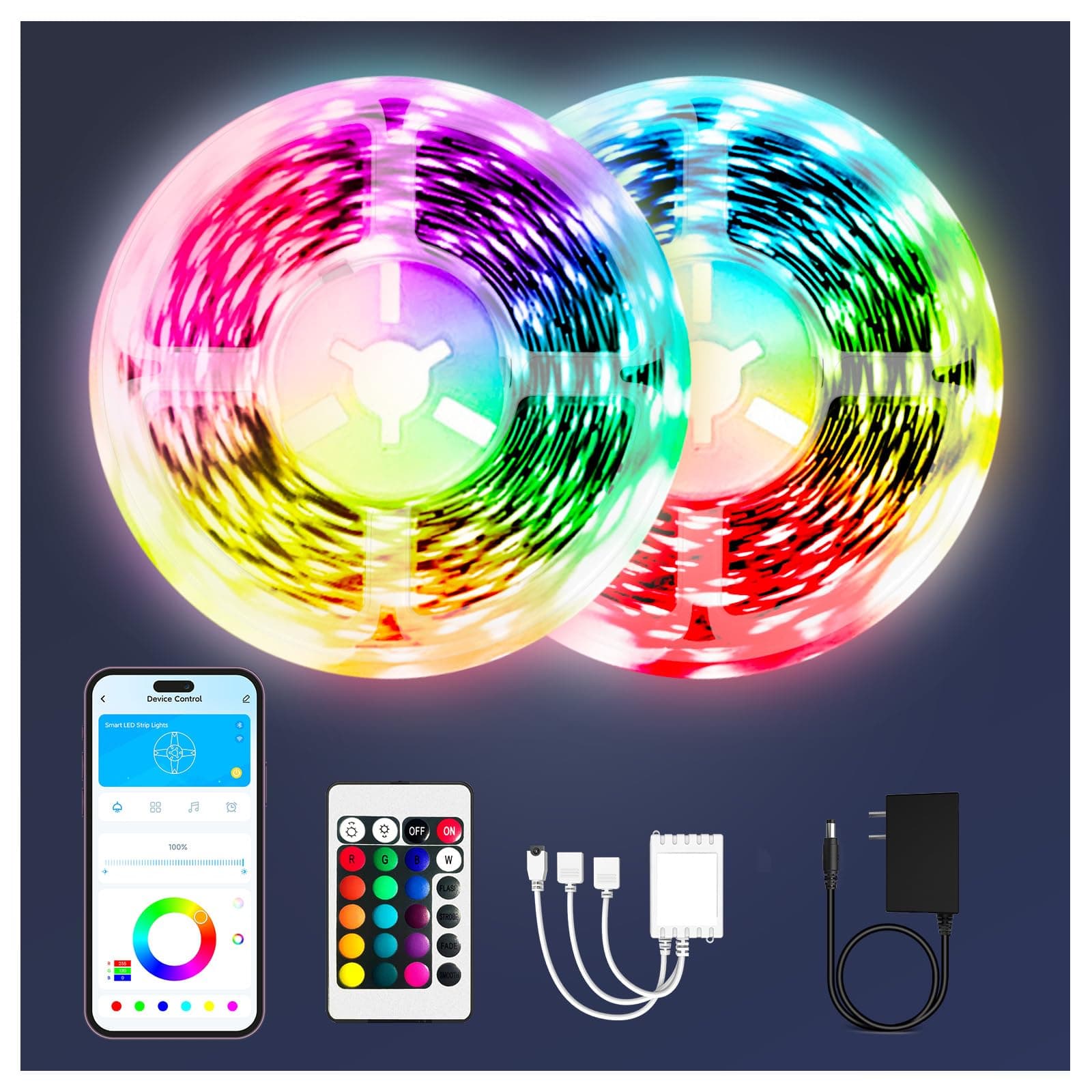 PHOPOLLO Bluetooth Led Strip Lights 100ft (2 Rolls of 50ft), RGB Color Changing LED Lights for Bedroom, Kitchen Decoration, App Control and Music Sync.