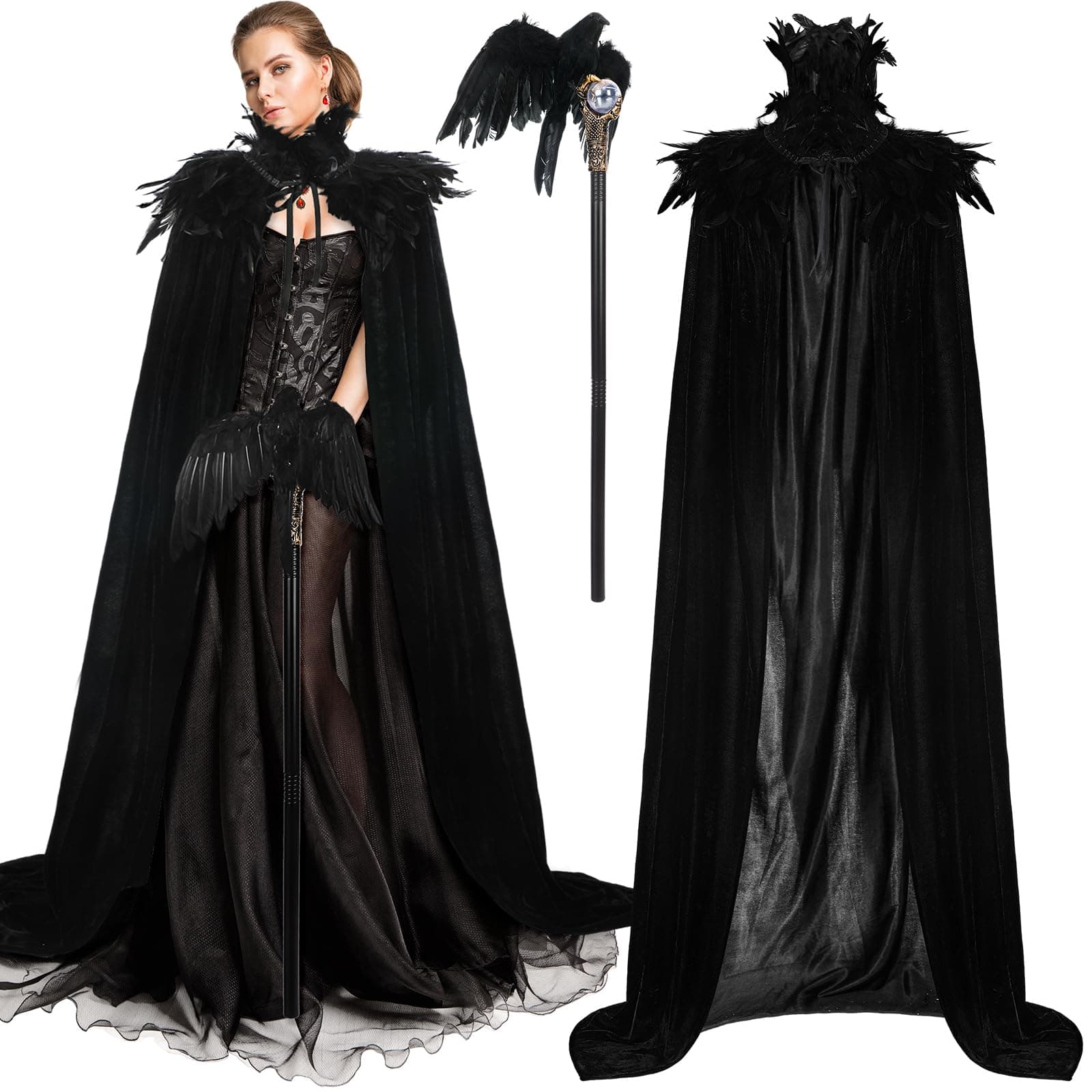 Toulite 3 Pcs Women Halloween Evil Black Style Queen Costume Witch Crow Gothic Feather Cape Cosplay Party Props