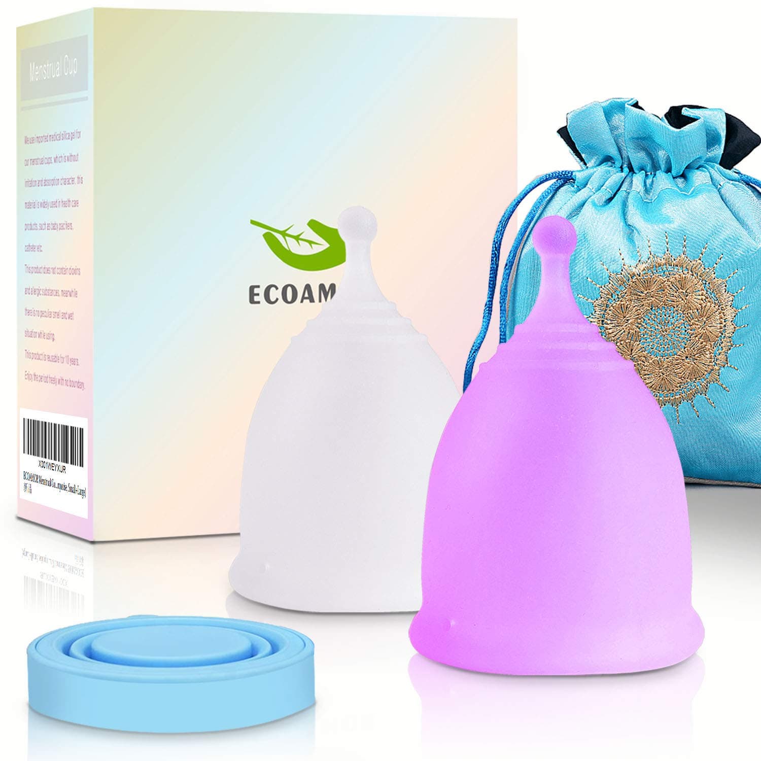 Menstrual Cups, 2-Pack Tampon Alternatives Moon Cup with 1 Washing Cup and Storage Bag,Most Comfortable and Better Removal Stem Design,12h Leakage Protection (White+Purple, Small+Large)