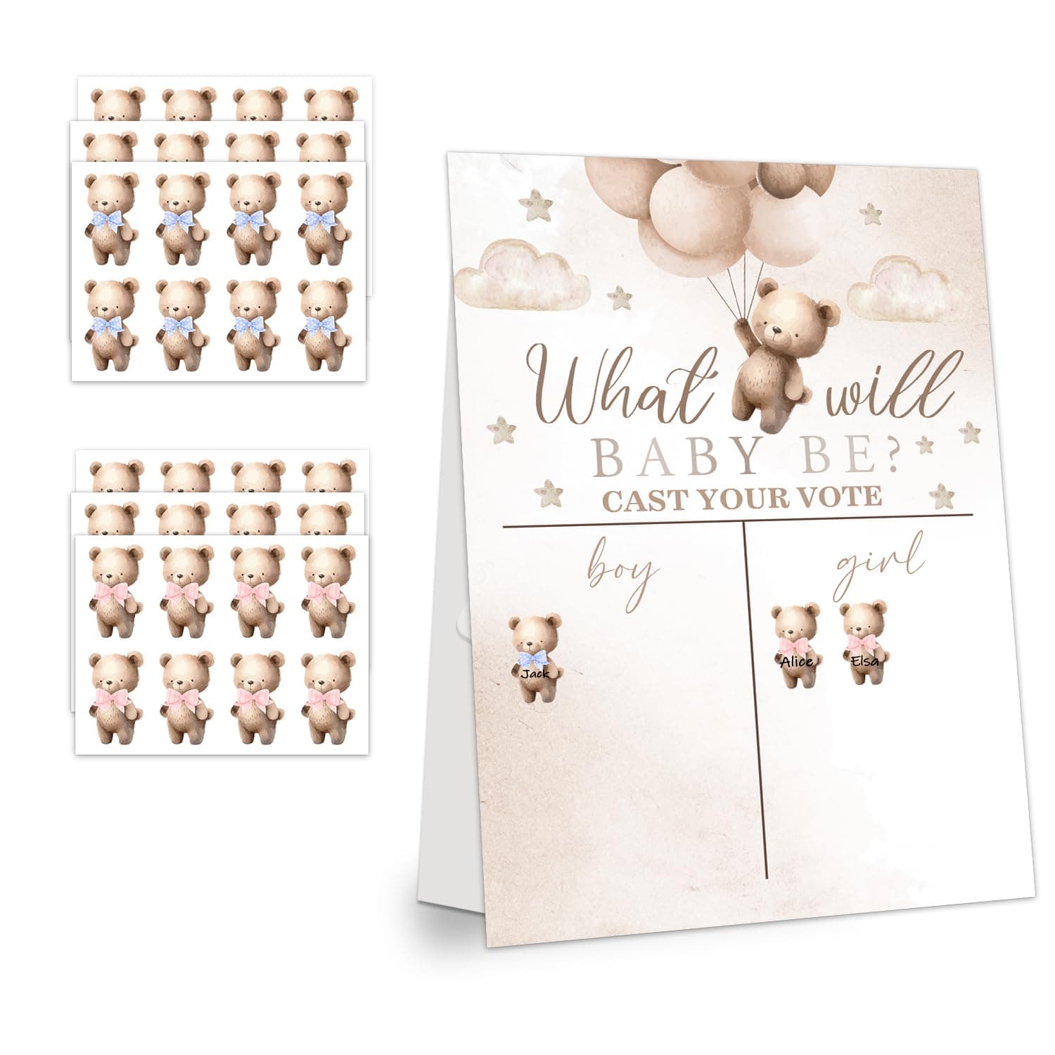 LNOKRIM Gender Reveal Party Games, Teddy Theme Baby Gender Reveal Voting Board Sign, 48 Boys Girls Teddy Voting Stickers, He or She, Baby Gender Reveal Party Decorations Games for Boy or Girl Shower