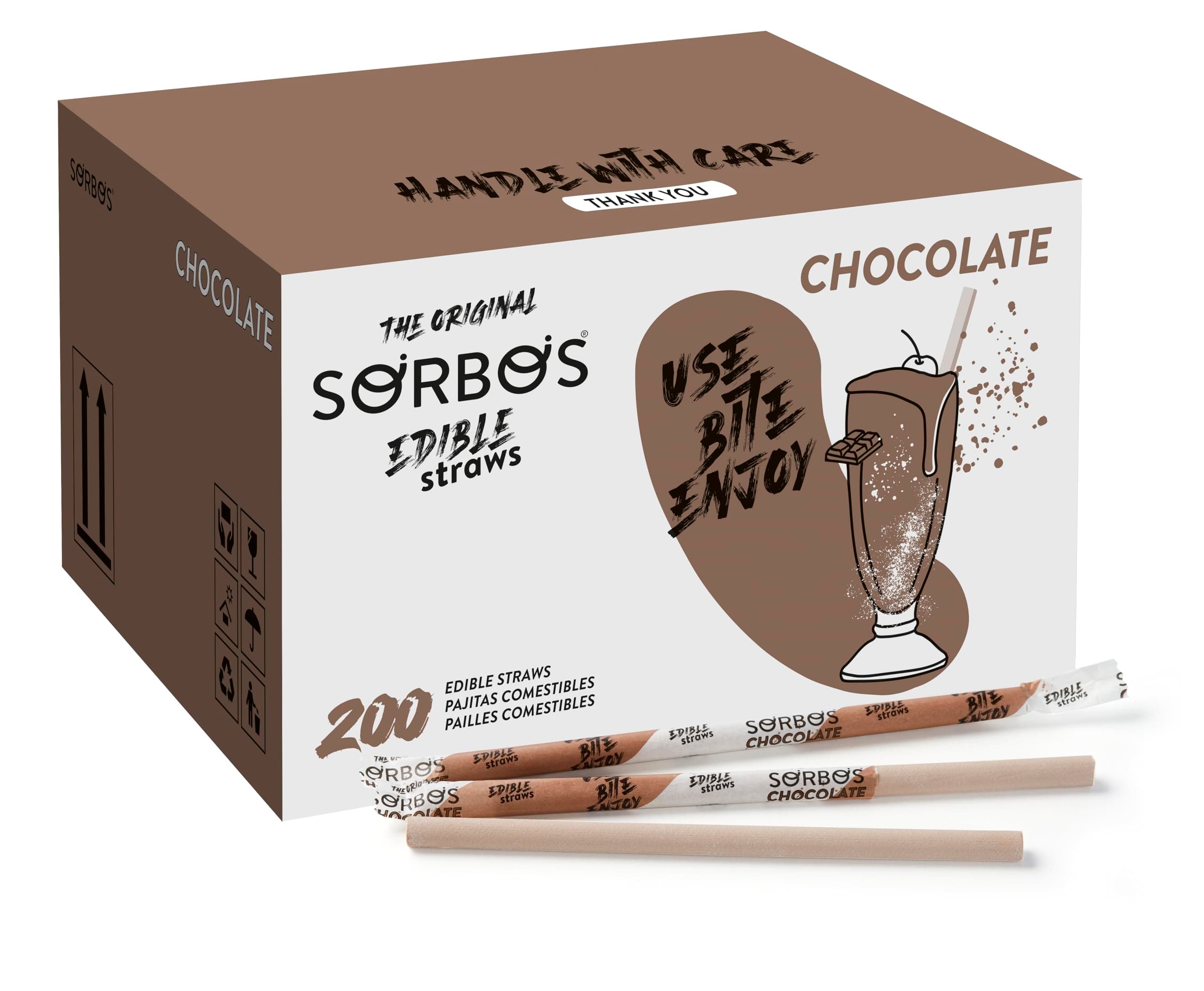 Sorbos Edible Straws, Chocolate Flavored, Sustainable, Individually Packaged, No Plastic, No Allergens, No Gluten, No PFAS, 100 Percent Biodegradable, 7.4 inches long (Pack of 200)