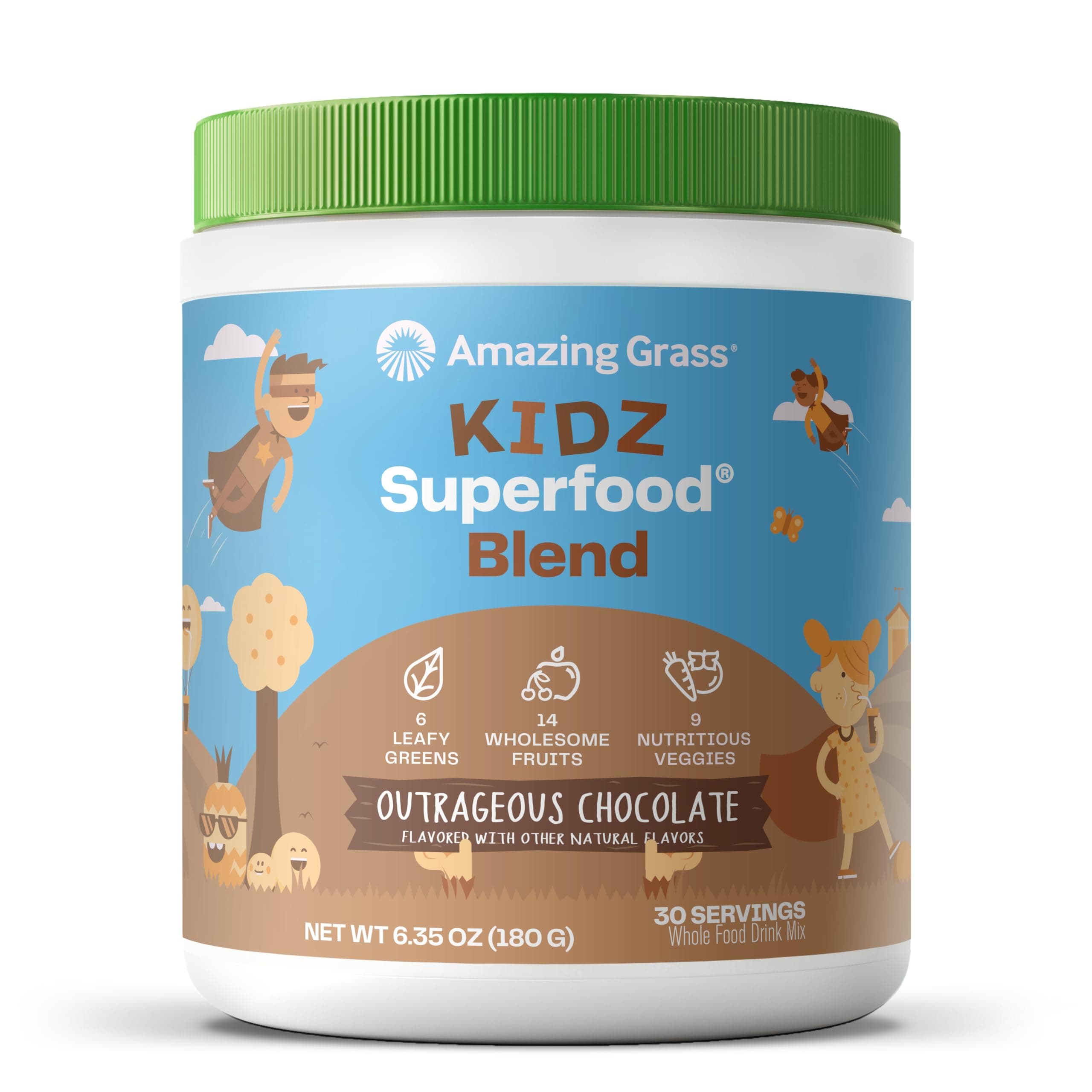 Amazing Grass Kidz Superfood: Organic Greens, Fruits, Veggies, Beet Root Powder & Probiotics for Healthy Kids, Outrageous Chocolate, 30 Servings, 6.35 Ounce (Pack of 1)