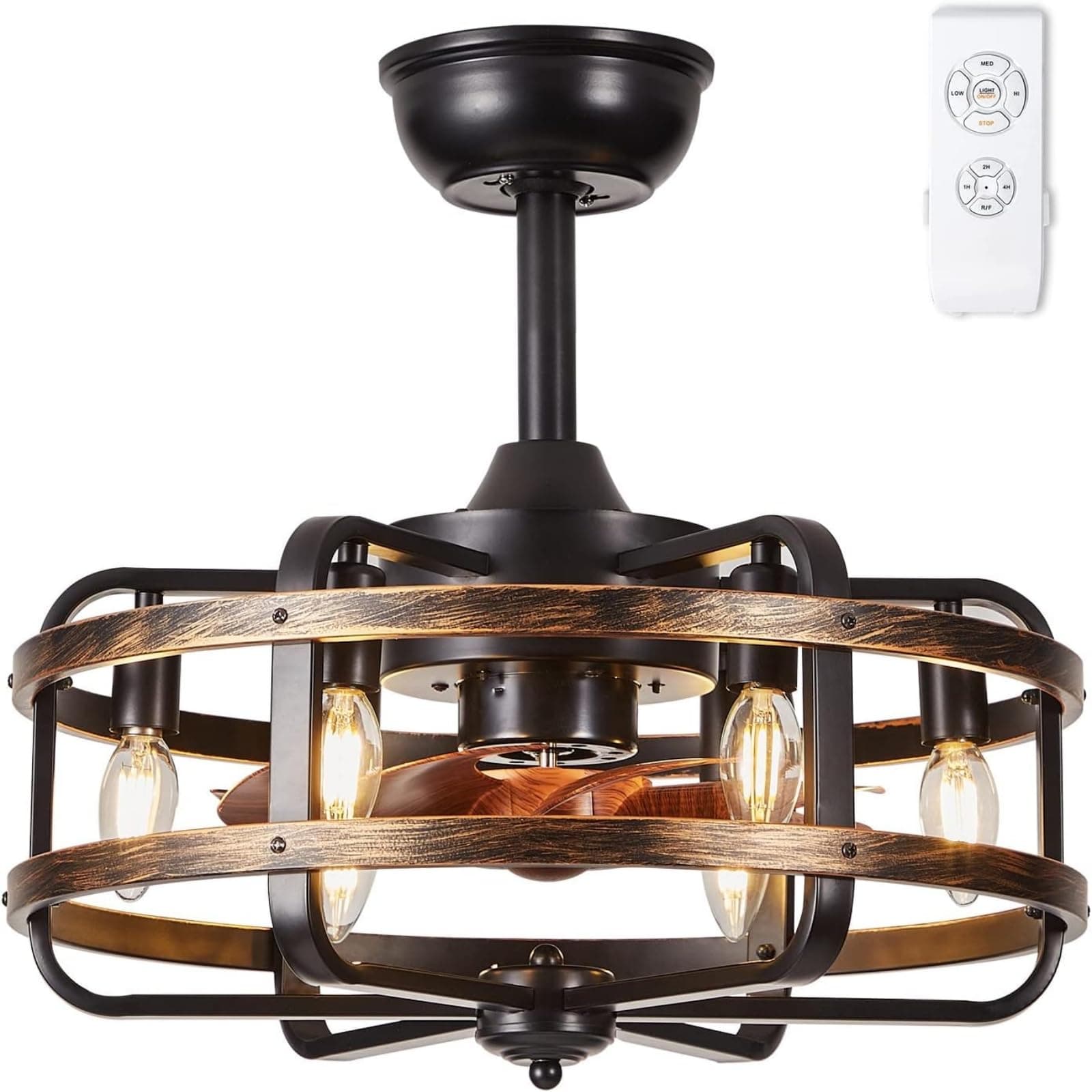 Caged Ceiling Fans with Lights Black Farmhouse 18‘’ Flush Mount Bladeless Rustic Chandeliers Fan Lights with Remote Vintage Reversible Ceiling Fan for Living Room Bedroom Kitchen 6 Light Bulb Base E12