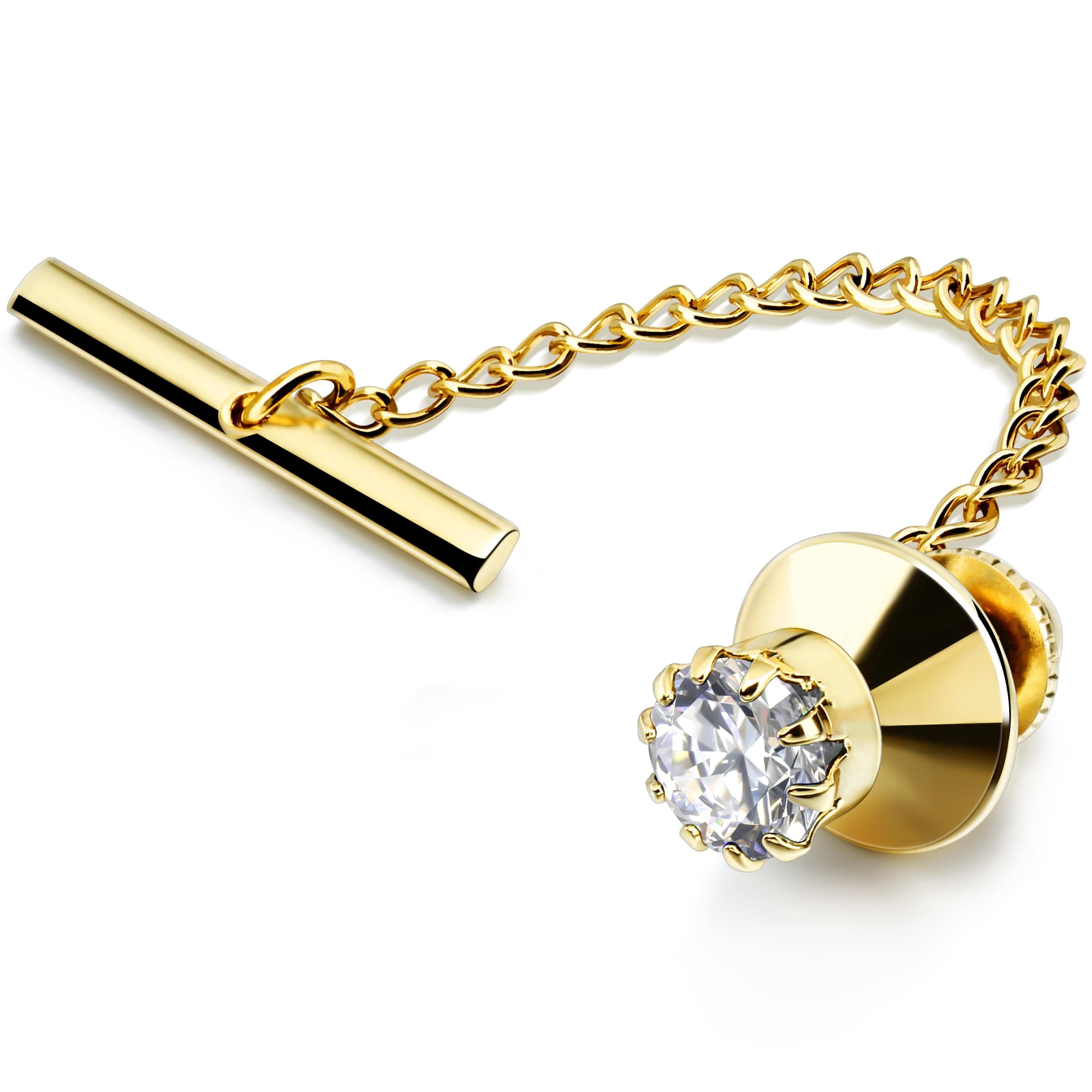 Mens Tie Tack with Chain Round Crystal Wedding Business Accessories