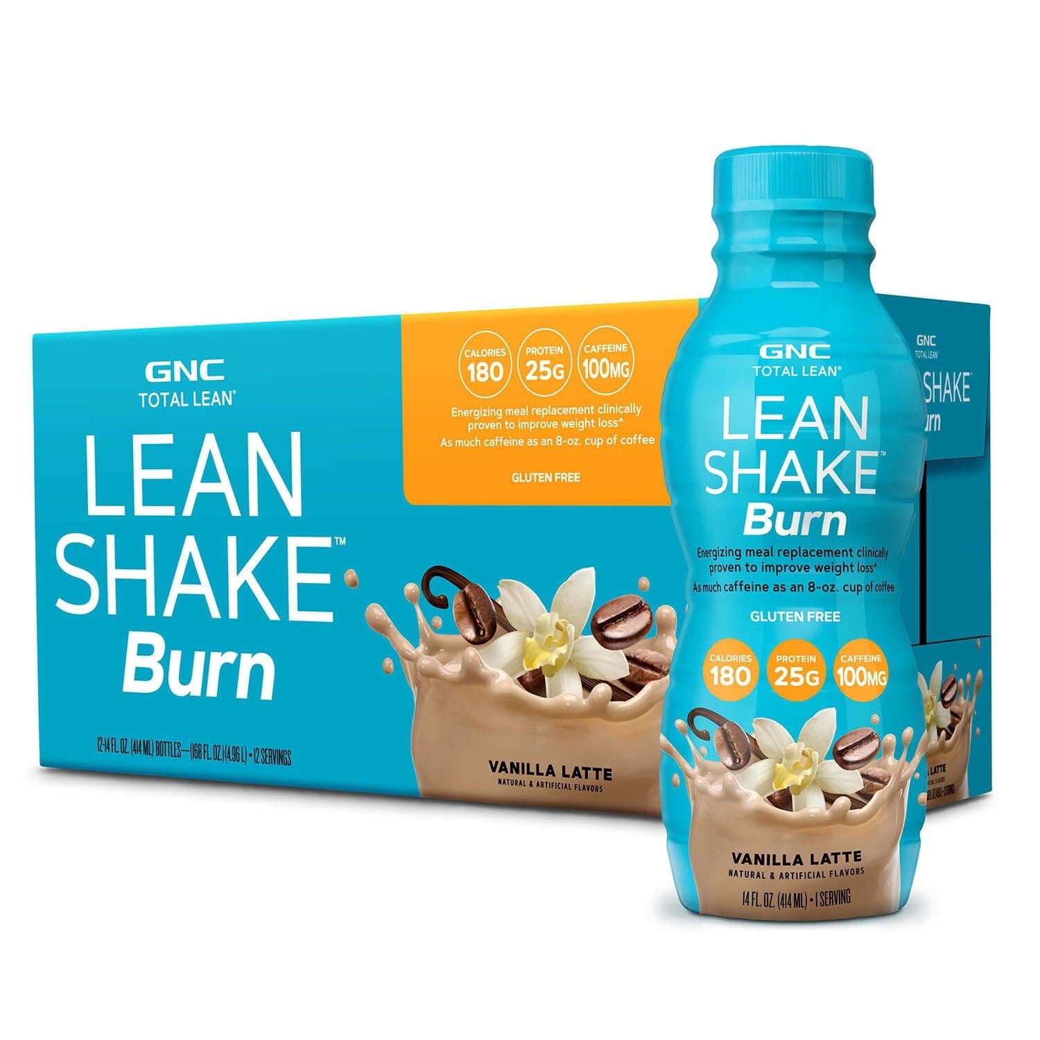 Lean Shake Burn With Caffeine, Clinically Proven Weight Management, Ready to Drink Meal Replacement, 25g Protein with Zero Added Sugar, Vanilla Latte, Pack of 12