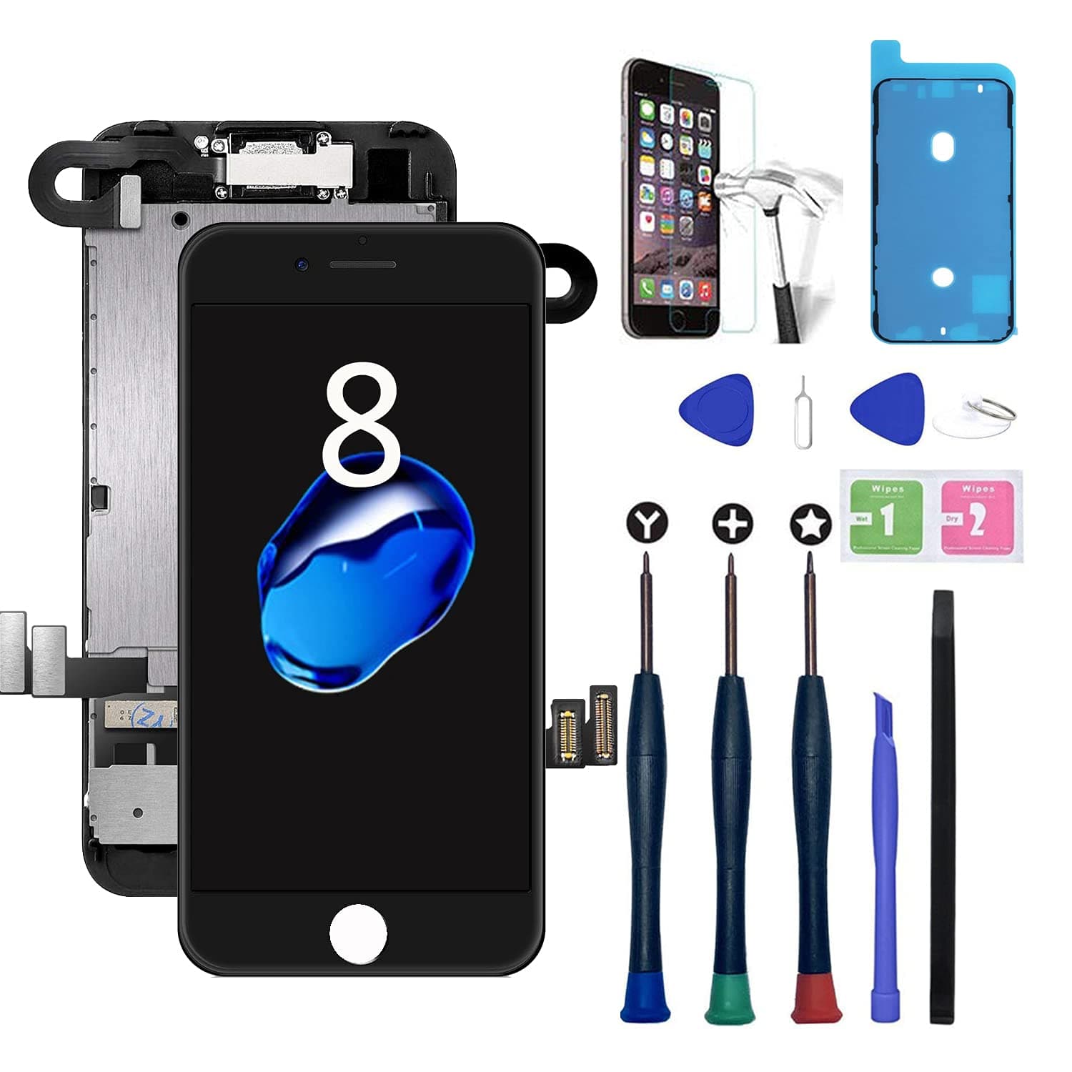 Xlhama LCD Touch Screen for iPhone 8 Black 4.7 "Assembled with Proximity Sensor, Earpiece, Front Camera and Repair Kit Full Assembly Repair Not Include Home Button