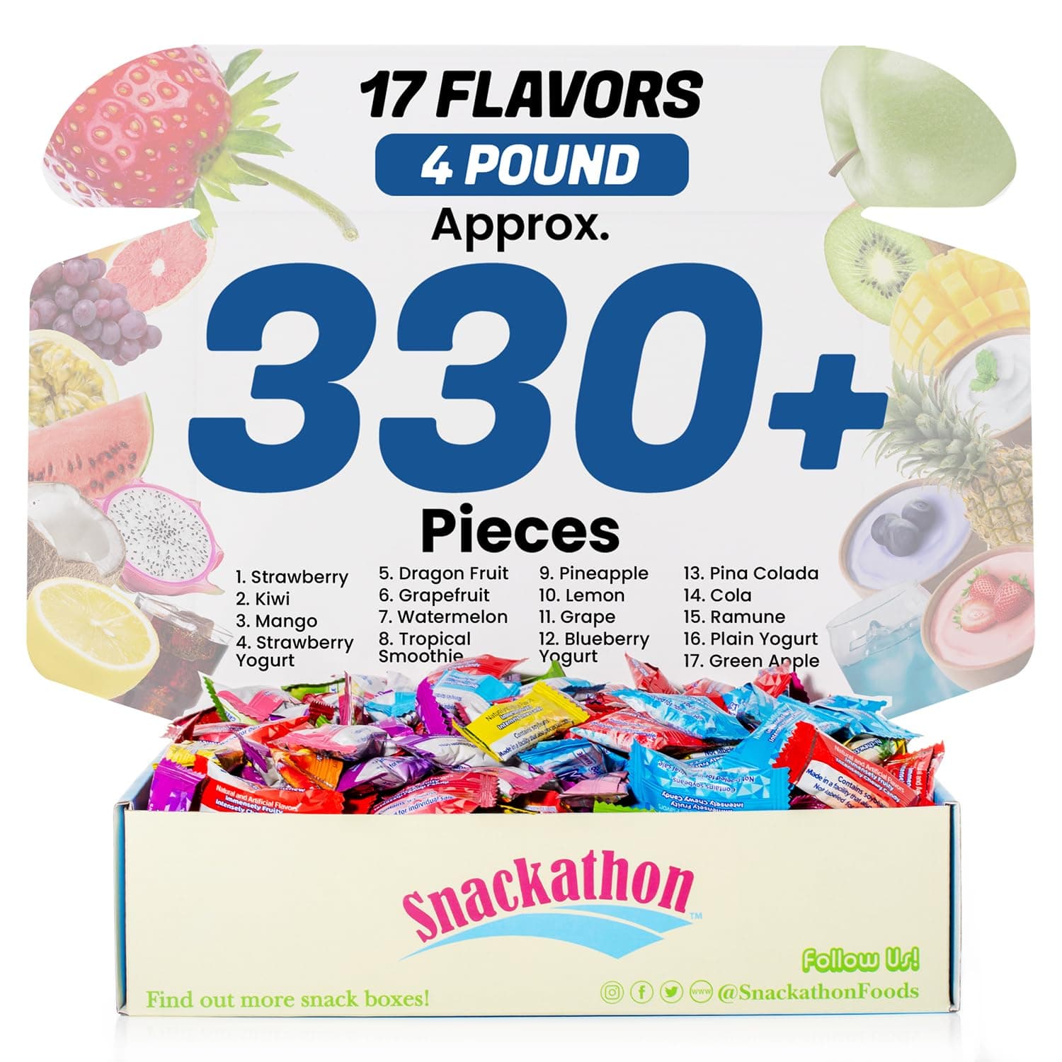 Hi Chew 17 Flavors, Bulk 330+ Pieces, 4 Pound (Strawberry, Mango, Green Apple, Grape, Pineapple, Kiwi, Dragon Fruit, Ramune, Cola, Grapefruit, Lemon, Watermelon and Many More)