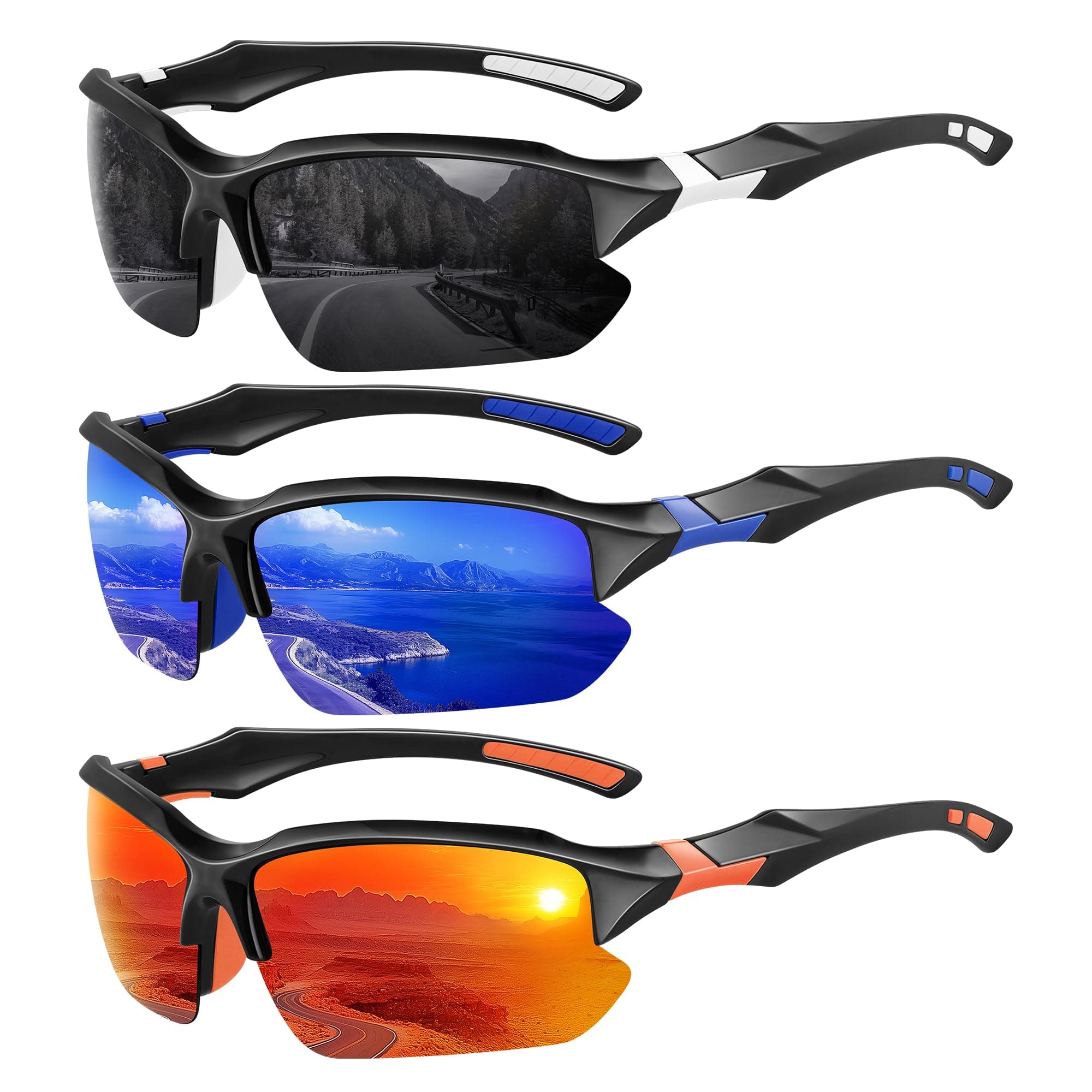 3 Pack Polarized Sports Sunglasses for Men, UV Protection Half Frame Sunglasses Comfortable for Running Cycling Driving