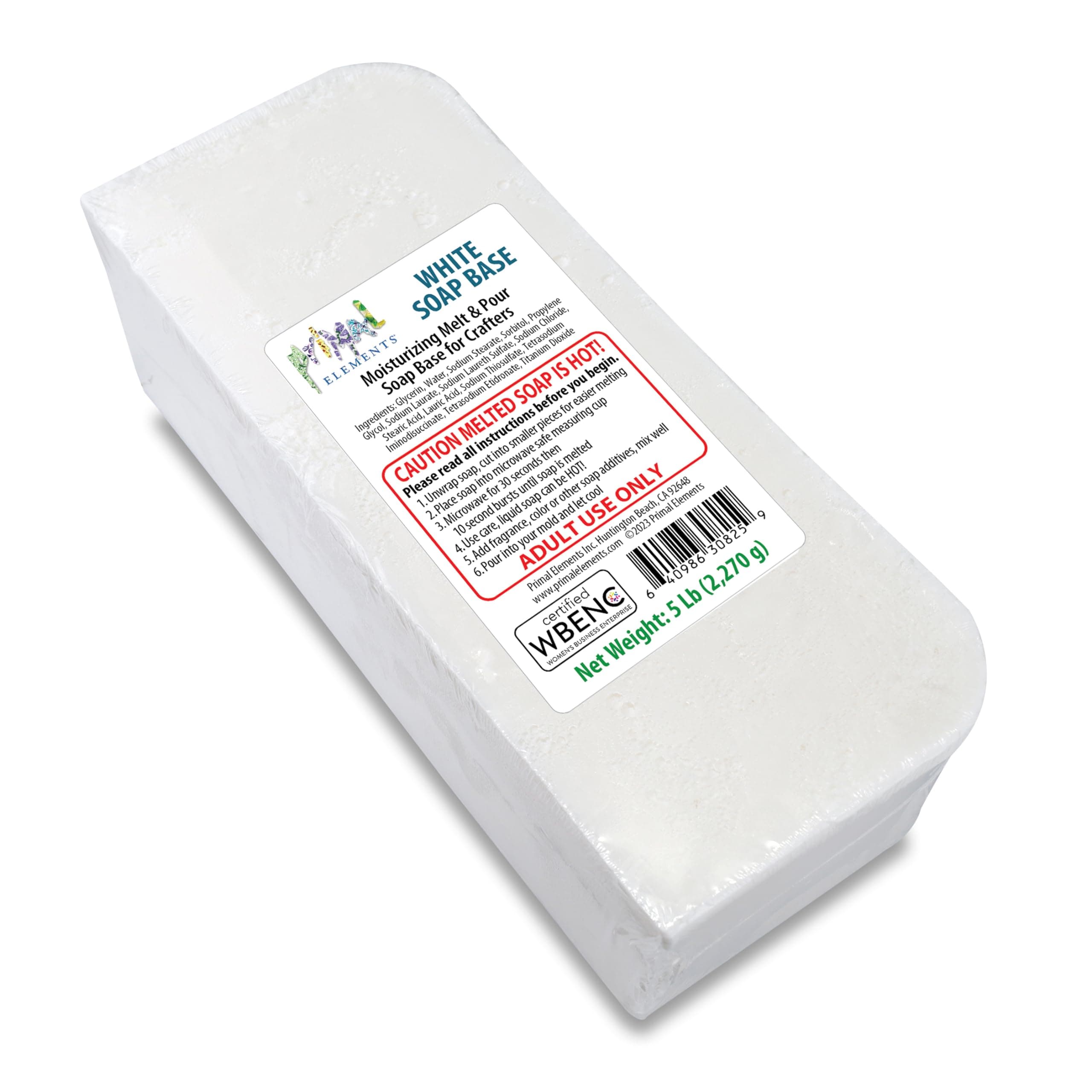 Primal Elements White Soap Base - Moisturizing Melt and Pour Glycerin Soap Base for Crafting and Soap Making, Vegan, Cruelty Free, Easy to Cut, Unscented - 5 Pound