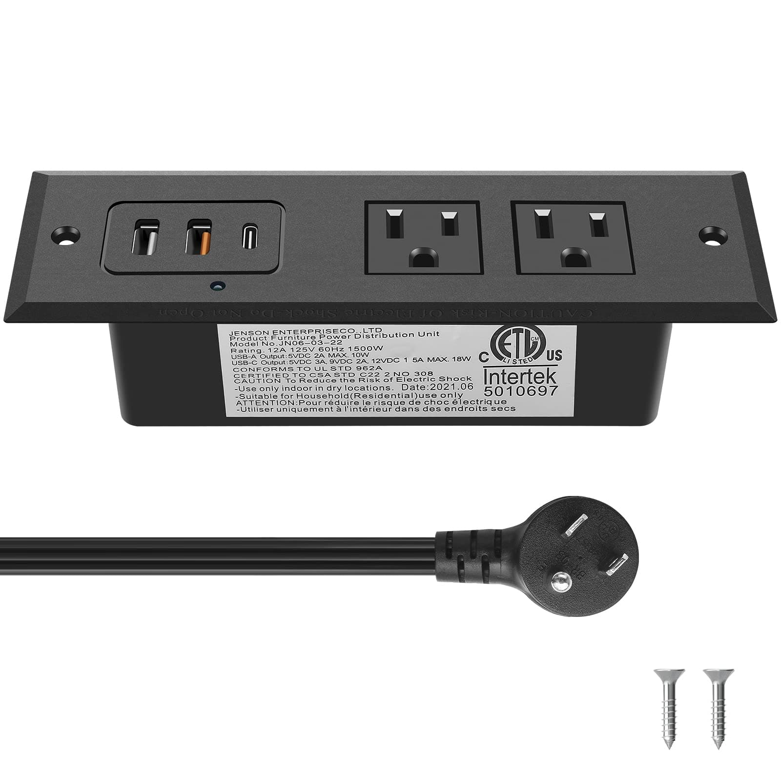 Recessed Power Strip with 20W USB C Port, Fast Charging USB A Port Desk Outlet, Furniture Hidden Charging Station for Side Table, End Table, with 6FT 45 Degree Flat Plug Extension Cord, Black