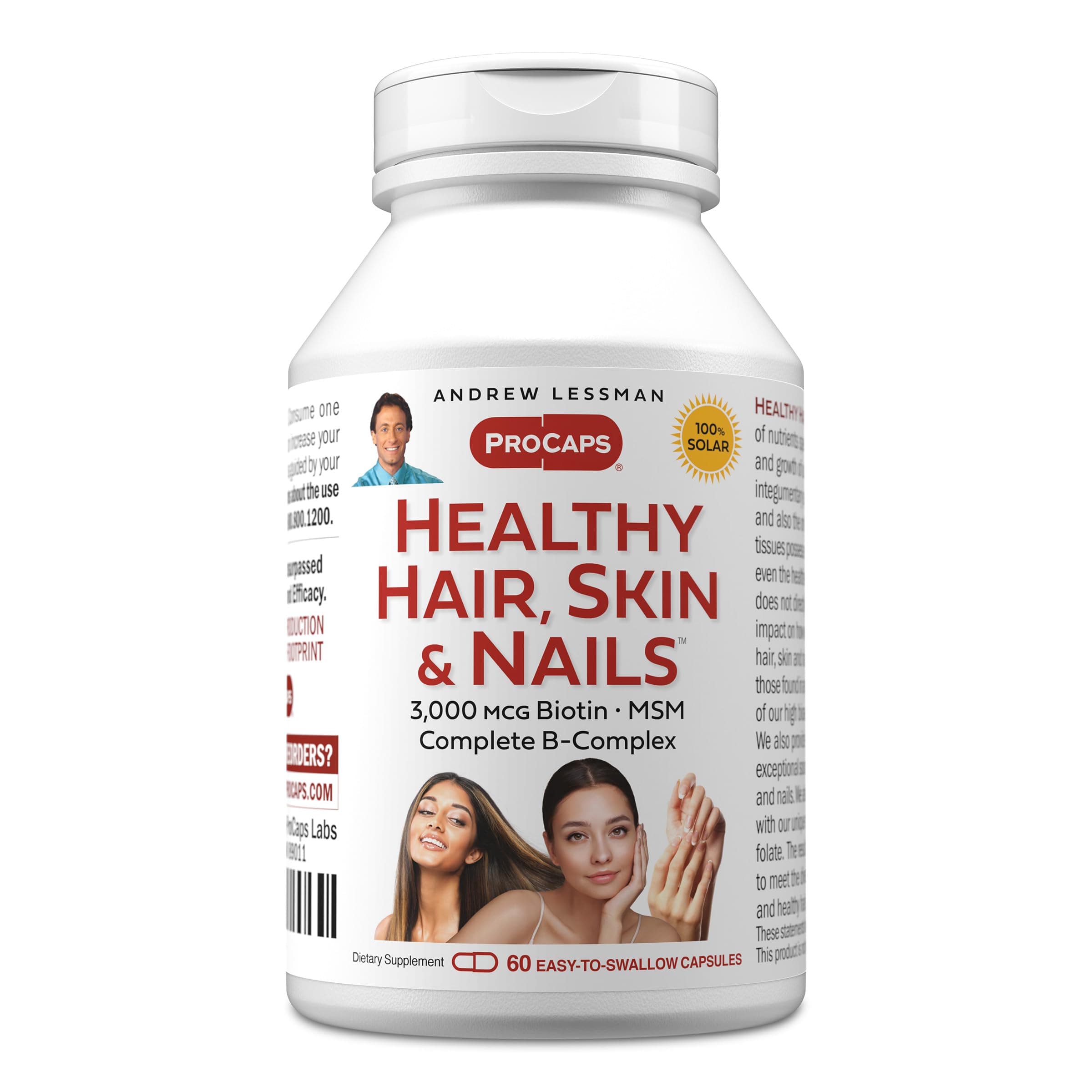 Healthy Hair, Skin and Nails 60 Capsules - 3000 mcg High Bioactivity Biotin, B-Complex. Promotes Beautiful Skin, Strong Nails. No Additives Hair Growth Vitamins Biotin Supplement