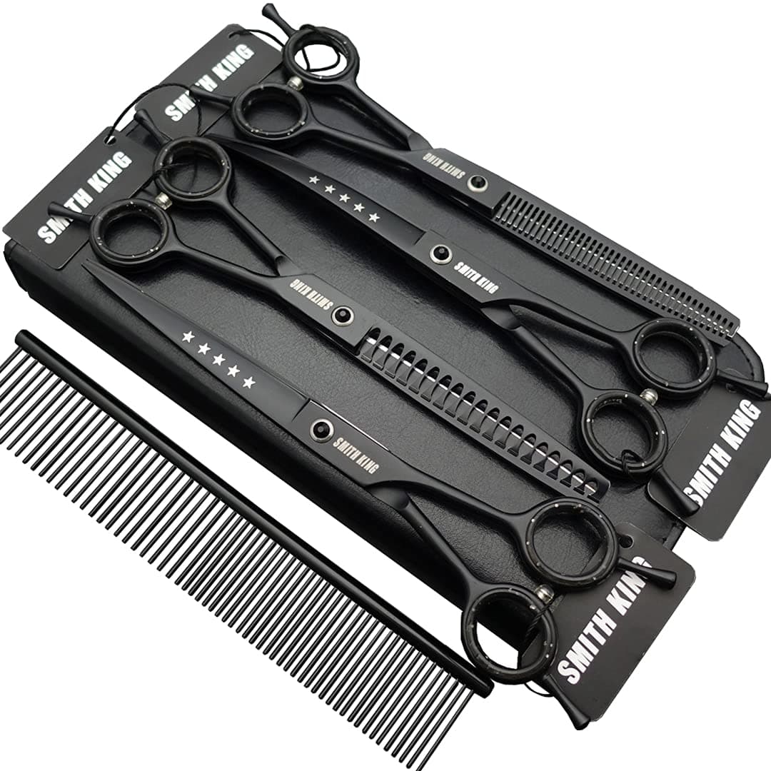 Smithking 7.0 inches Professional Dog Grooming Scissors Set Straight & thinning & Curved & chunkers & comb 5pcs in 1 Set for left-handed & right handed Black