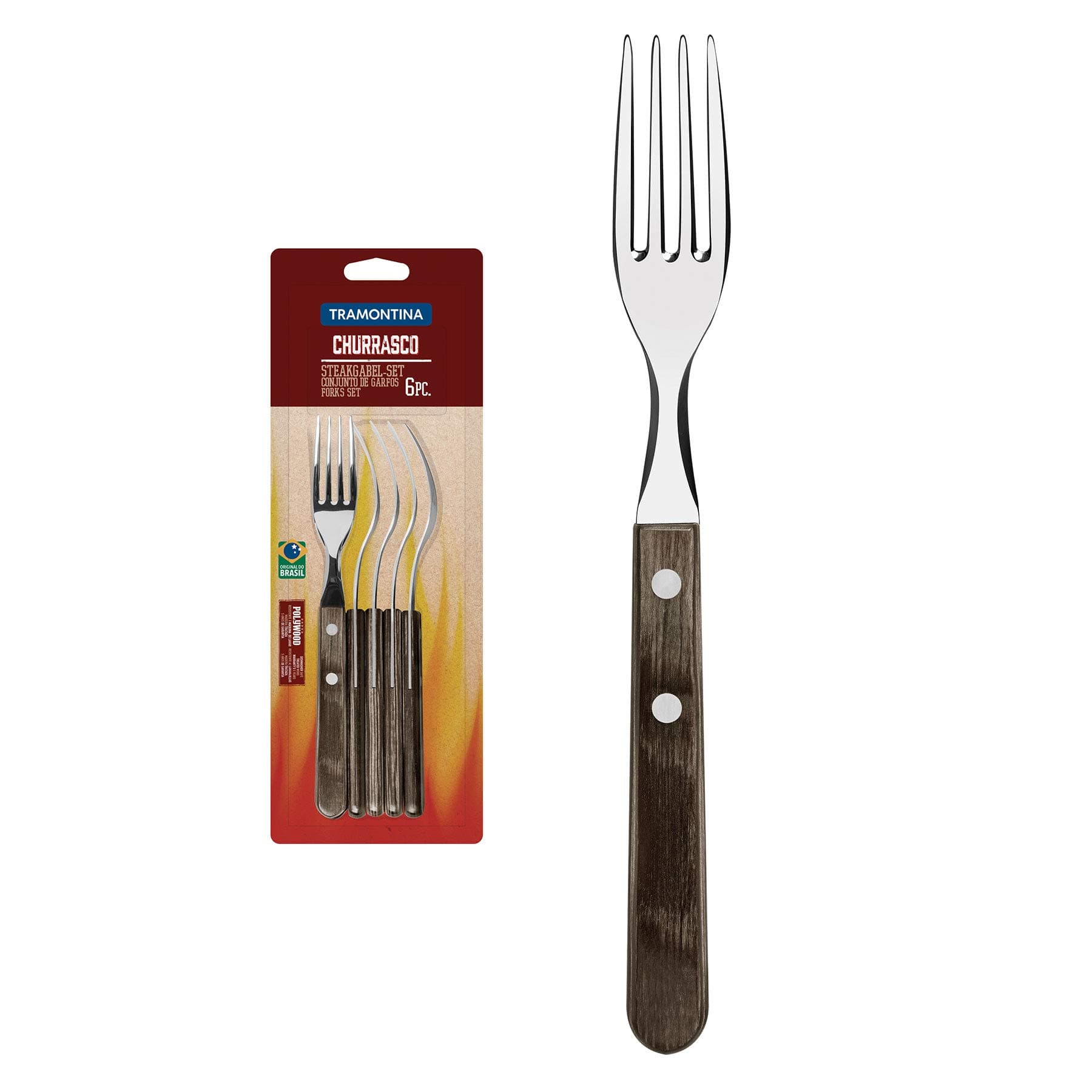 TramontinaChurrasco 6 Pieces Stainless Steel Steak Fork Set with Treated Brown Polywood Handles
