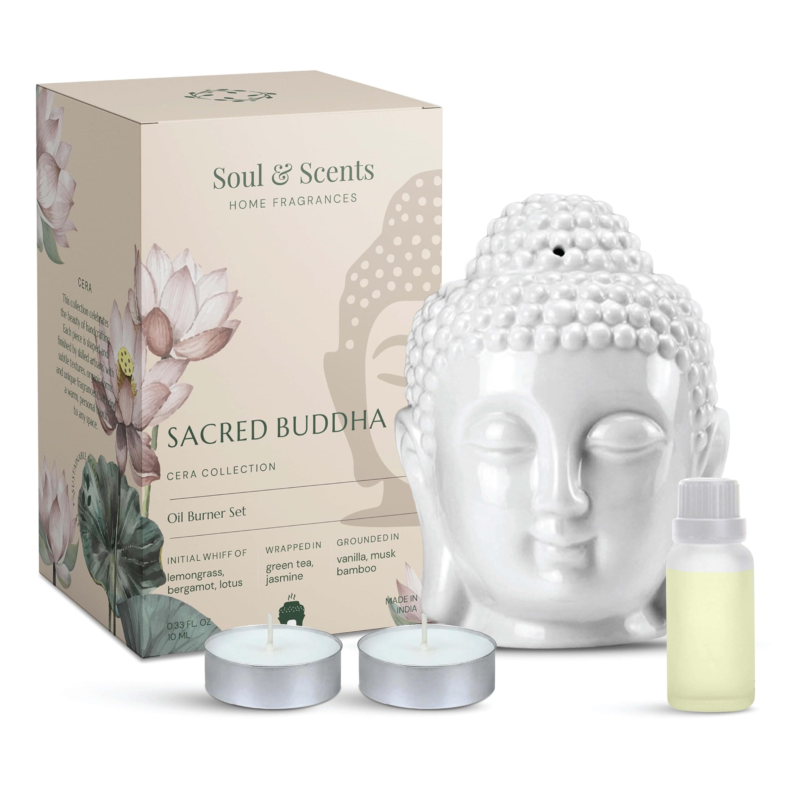 Soul & Scents Sacred Buddha Ceramic Tea Light Burner | Aromatic Oil Diffuser with Free Lemongrass Oil (10 ml) | Gift Set for Meditation, Relaxation & Special Occasions