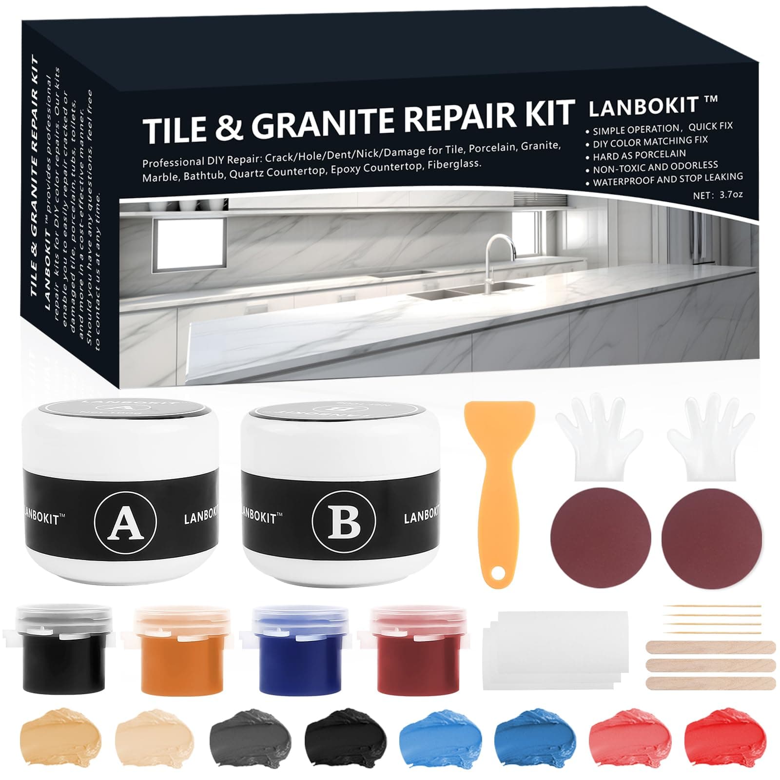Tile and Fiberglass Tub Repair Kit, Marble and Granite Repair Kit, Porcelain Repair Kit for Sink & Toilet, Epoxy and Quartz Countertop Repair Kit for Cracks Chips Scratches Holes Dents