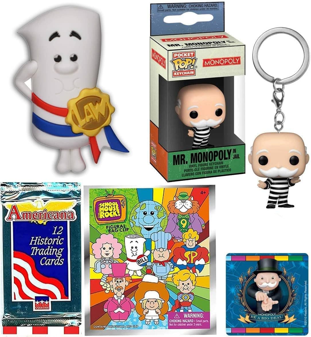 School House Rock Toons Mr. Monopoly Retro Figure Bundled with Schoolhouse Rock Blind Bag Conjuncion + Just a Bill Character Throw Back 3 Items