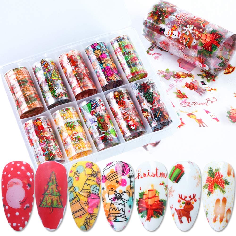Macute Christmas Nail Art Foil Transfers Stickers Winter Series Nail Supplies Foils 10 Rolls Snowman Santa Claus Sugar Bell Snowflake Nail Decals for Christmas Party Favors Gifts Manicure Decorations