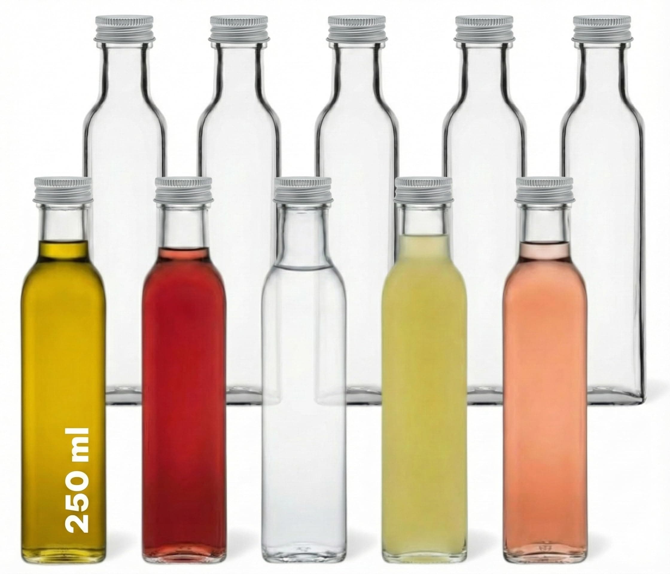 Set of 250 ml empty Marasca glass bottles with screw cap and 28-page Flaschendiscount recipe brochure, liquor bottles, Schnapps Bottles, Vinegar Bottles, Oil Bottles., Pp31,5 Silber, 12er Set