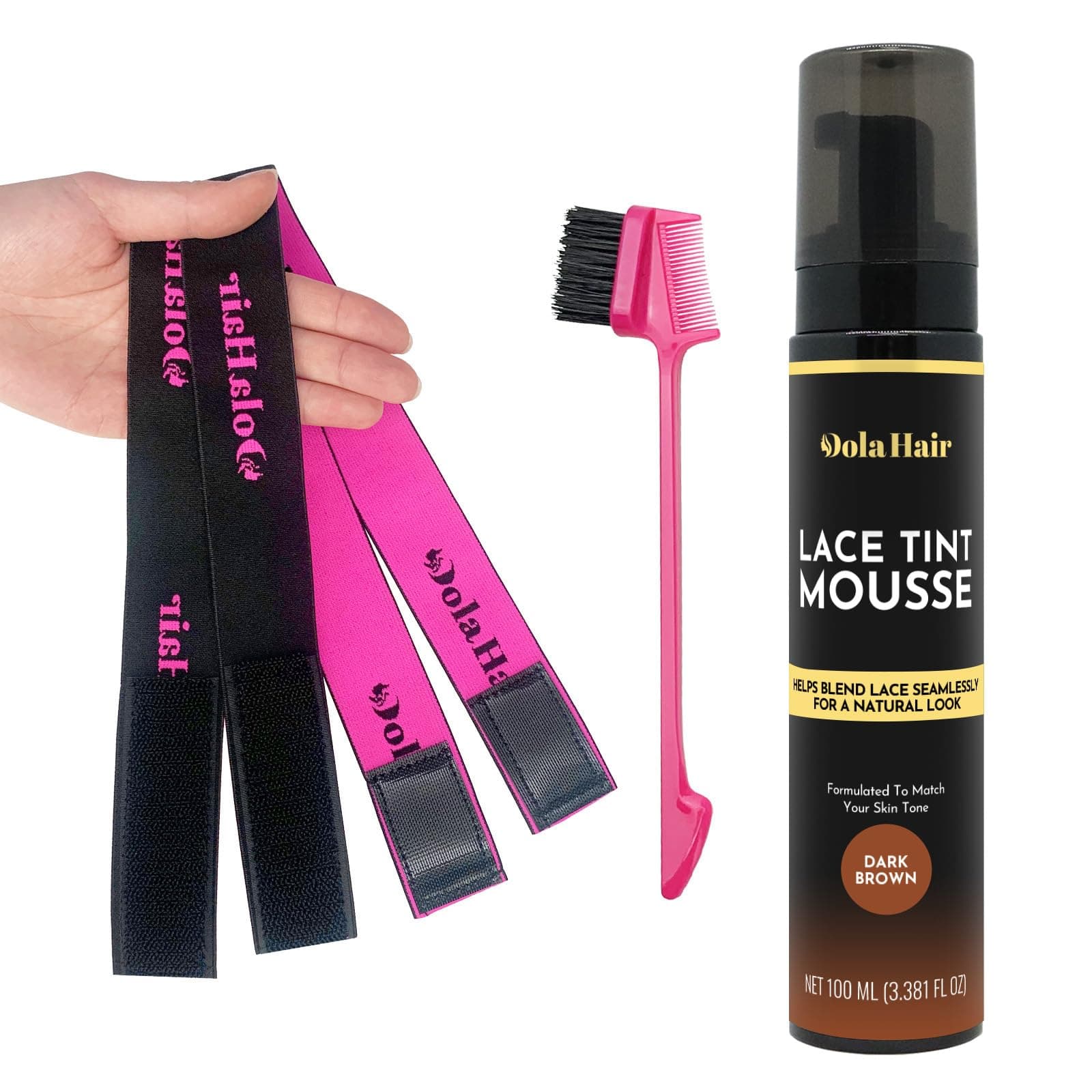 Dolahair Lace Tint Spray for Wig Melting - Dark Brown Mousse with Elastic Bands for Seamless Wig Application
