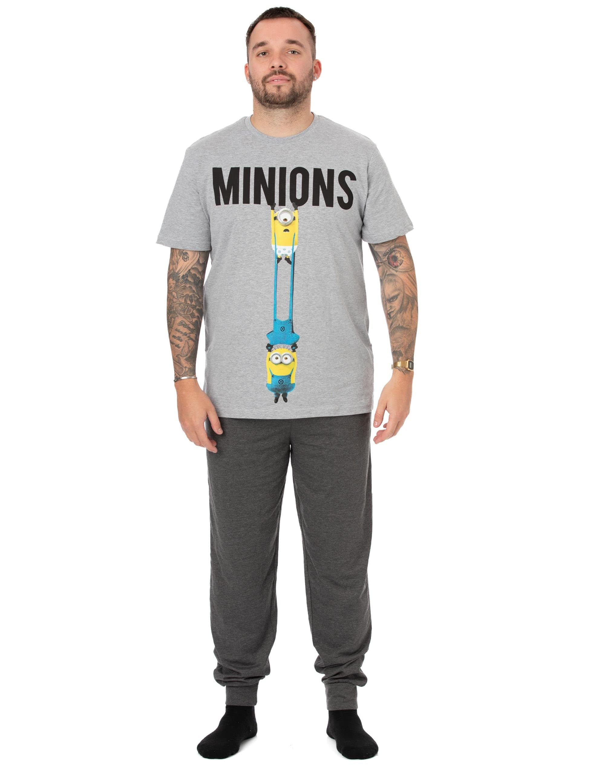 MINIONS Mens Pyjama Set | Adult Grey Animation Loungewear Pants & Black T-Shirt Complete PJs Bundle | Short Sleeve Tee Long Leg Bottom Pajama Bundle | Nightwear Movie Merchandise Gift for Him
