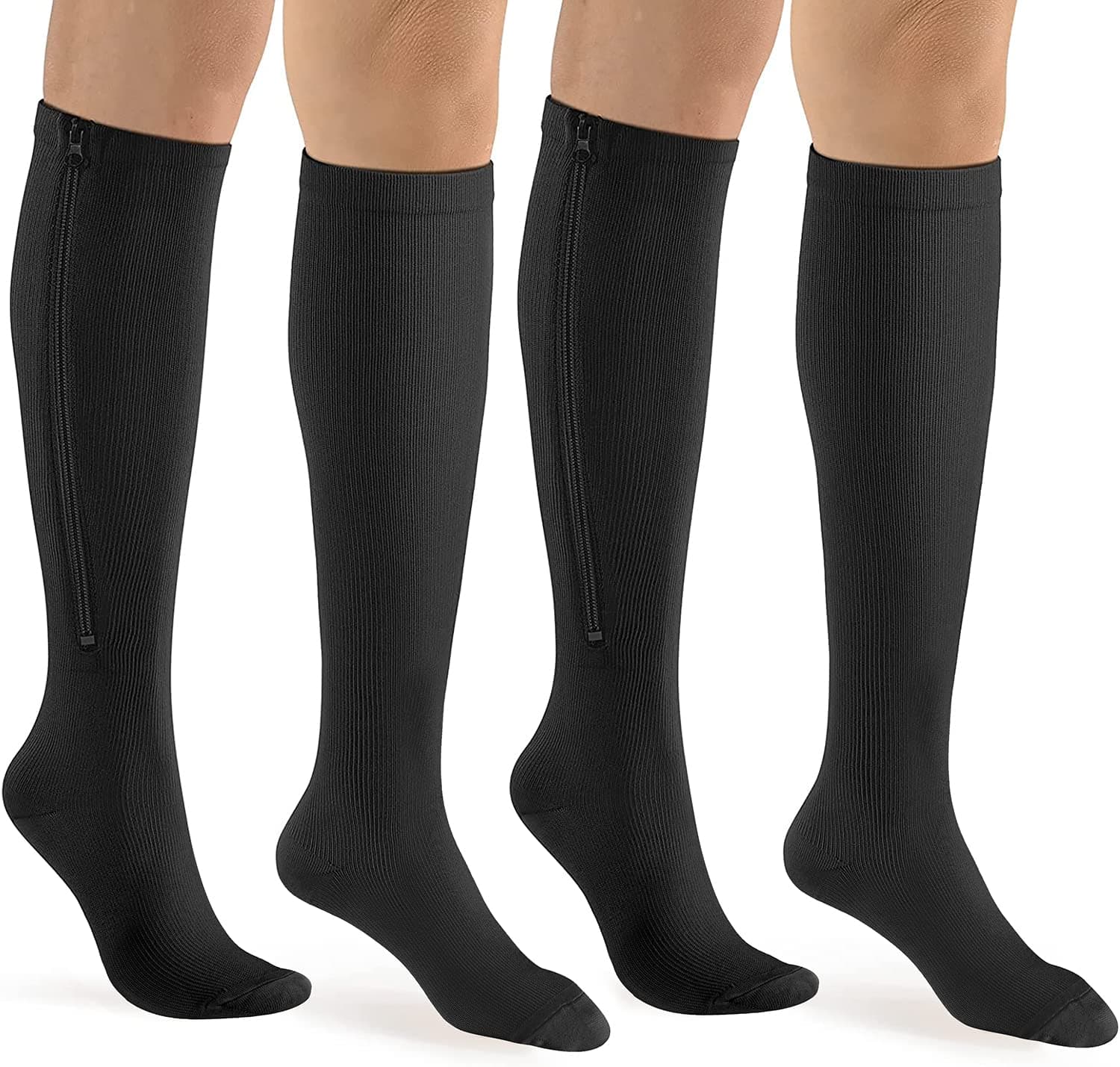 bropite Zipper Compression Socks Women & Men - 2Pairs Calf Knee High 15-20mmHg Closed Toe Compression Stocking