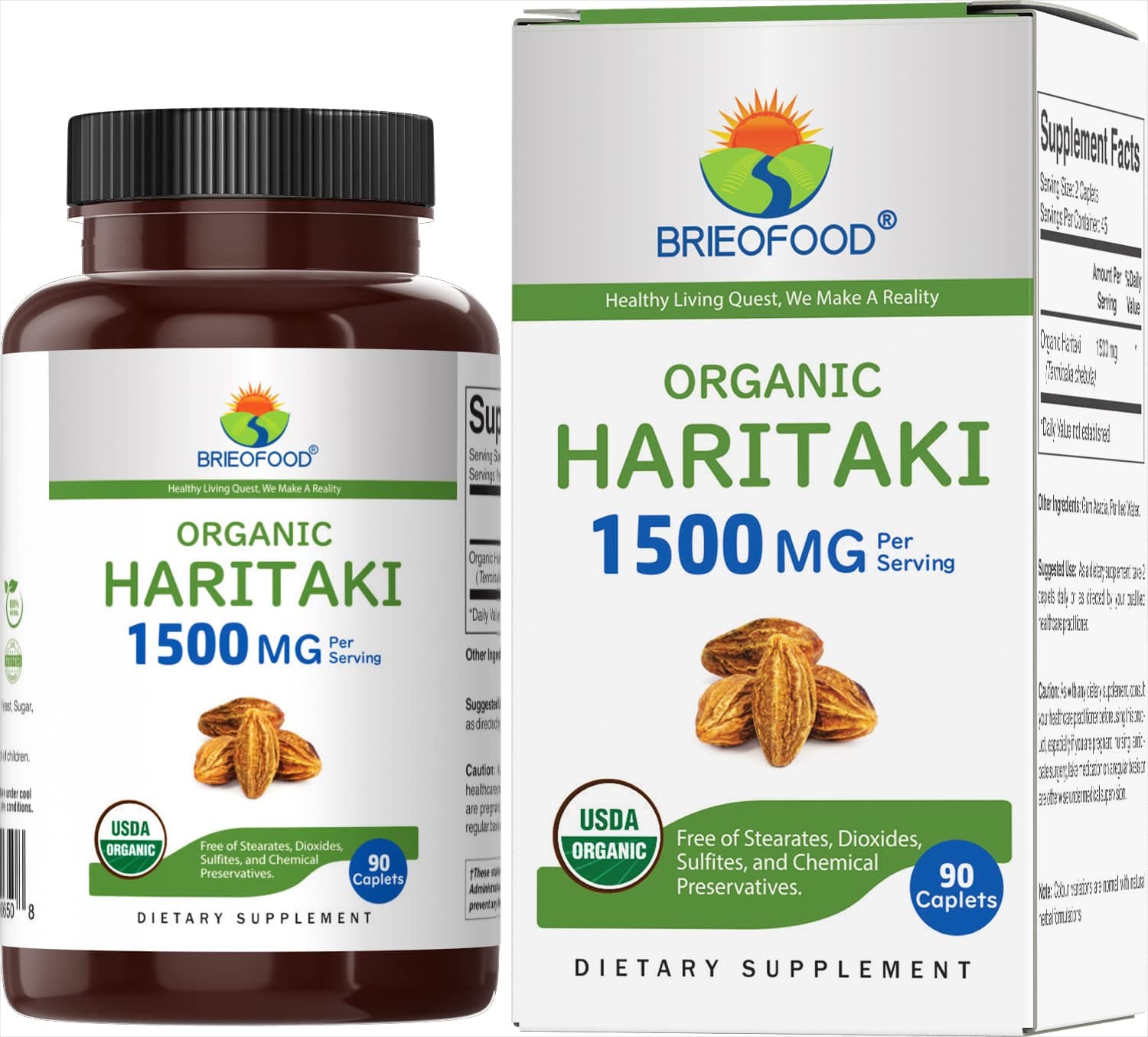 Brieofood Organic Haritaki 1500mg, 45 Servings, Vegetarian, Gluten Free, 90 Vegetarian Tablets
