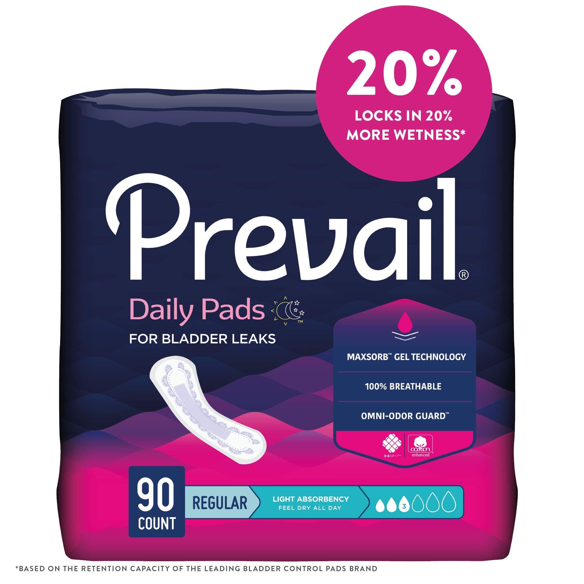 Prevail Incontinence Bladder Control Pads, Light Absorbency, Regular, 90 Count