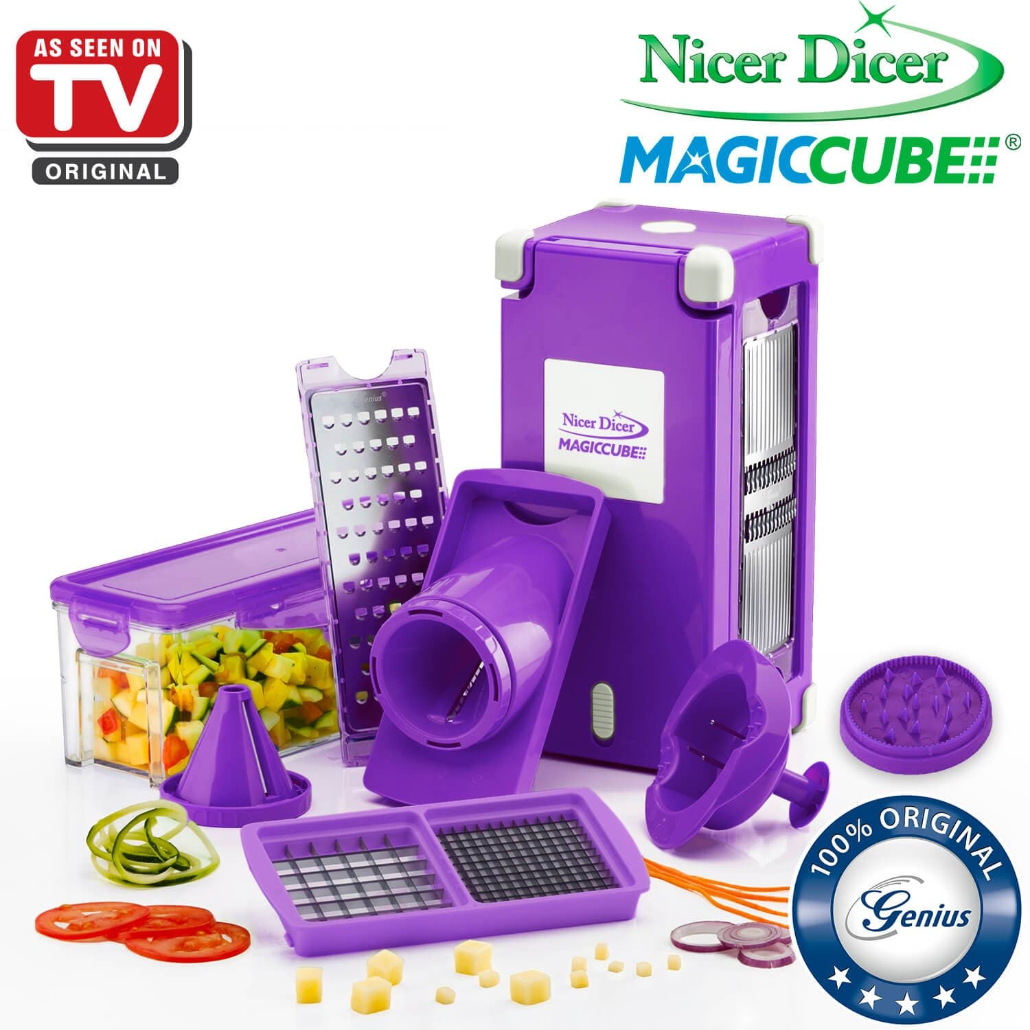 Nicer Dicer Magic Cube by Genius | 13 pieces | Fruit vegetable slicer | Food-Chopper PRO| Mandoline | Kitchen-Cutter Dicer | Stainless Steel |Spiralizer | Spiral Slicer | As seen on TV