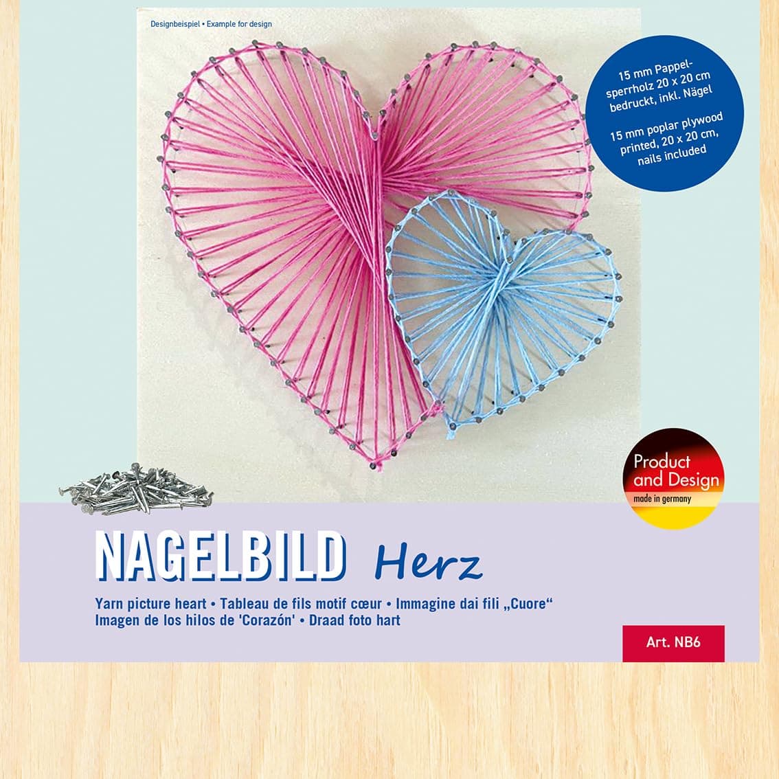 Pebaro NB6 Nail Picture Creative Set, Craft Set, Thread Picture, String Art, with Pre-Printed Heart Motif, Includes Nails, Crafts with Wood, Creative Gift Idea, Decorative Items, 20 x 20 cm