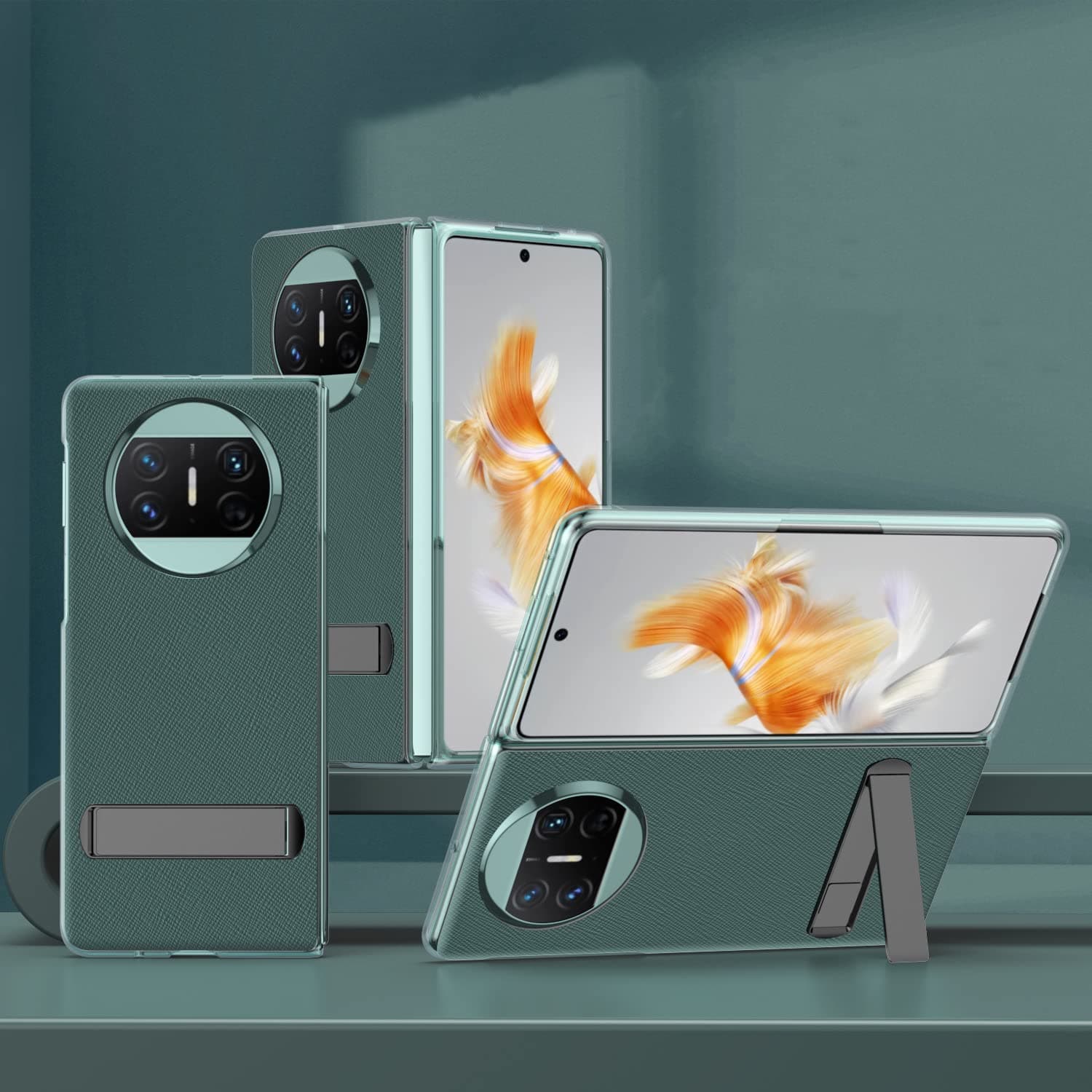 Jarttarn Compatible with Huawei Mate X3 5G Case, PC+PU Leather Pattern Luxury Transparent Frame Ultra-Thin Protective Case with Kickstand for Mate X3 2023 (Green)