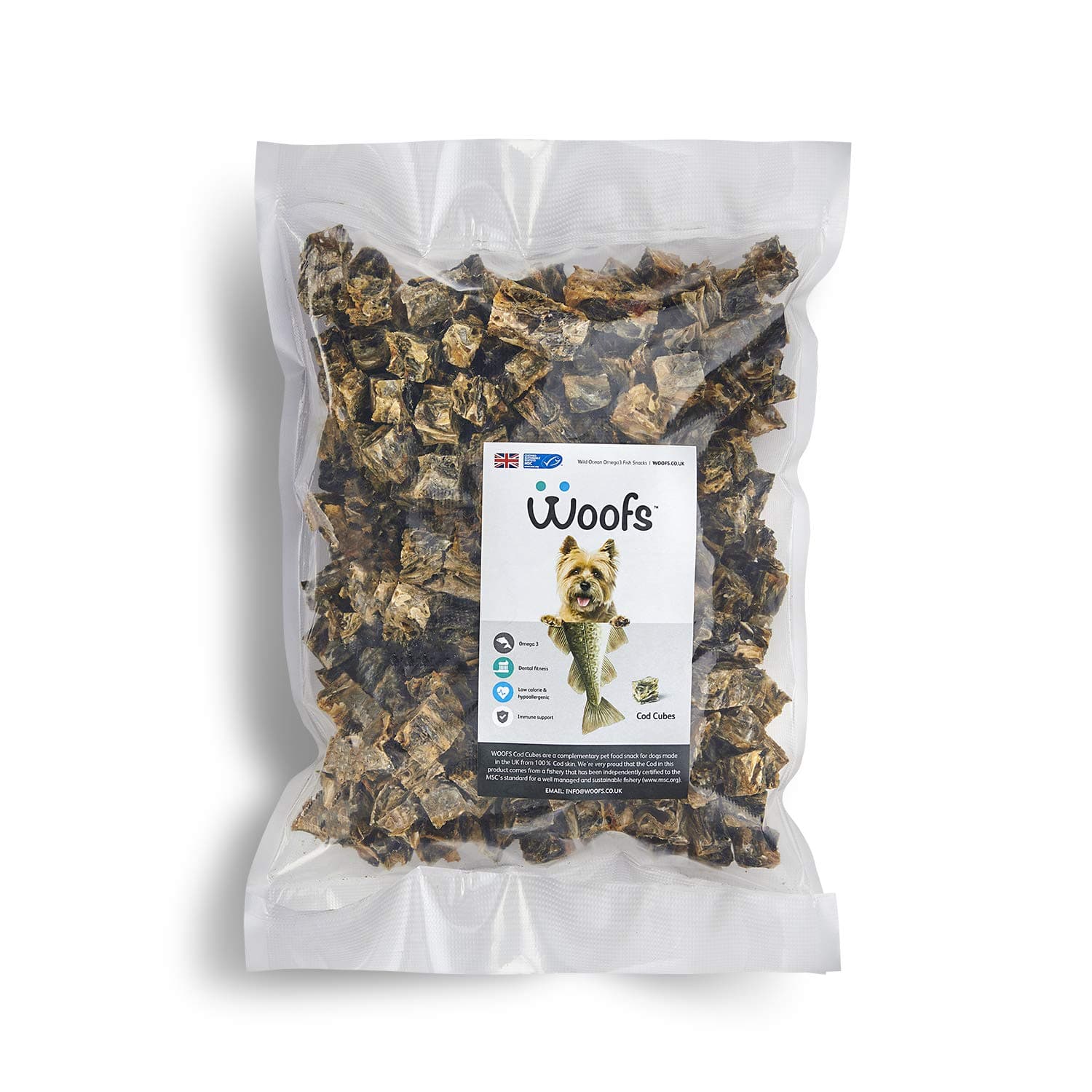 WOOFS Fish Cod Cubes - 500g Great for Dog Dental care and Nutrition - 100% Natural Ingredients - Gluten Free and vetinary tested Treats - Reusable Treat Pouch - 100% Cod