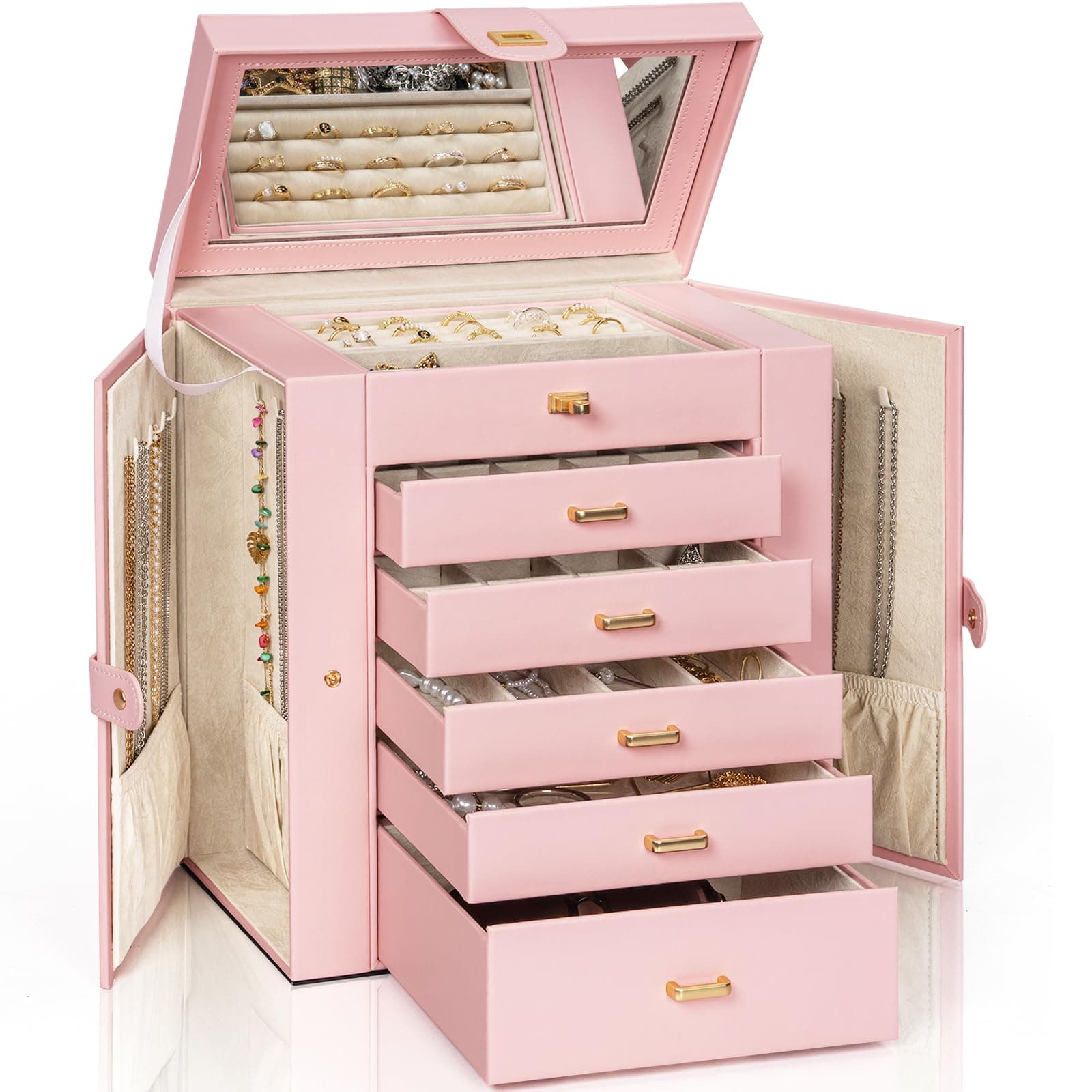 AKOZLIN 6-Tier Jewelry Box Organizer Functional Leather Jewelry Storage Case for Women Girls Ring Necklace Earring Bracelet Holder Organizer with Mirror